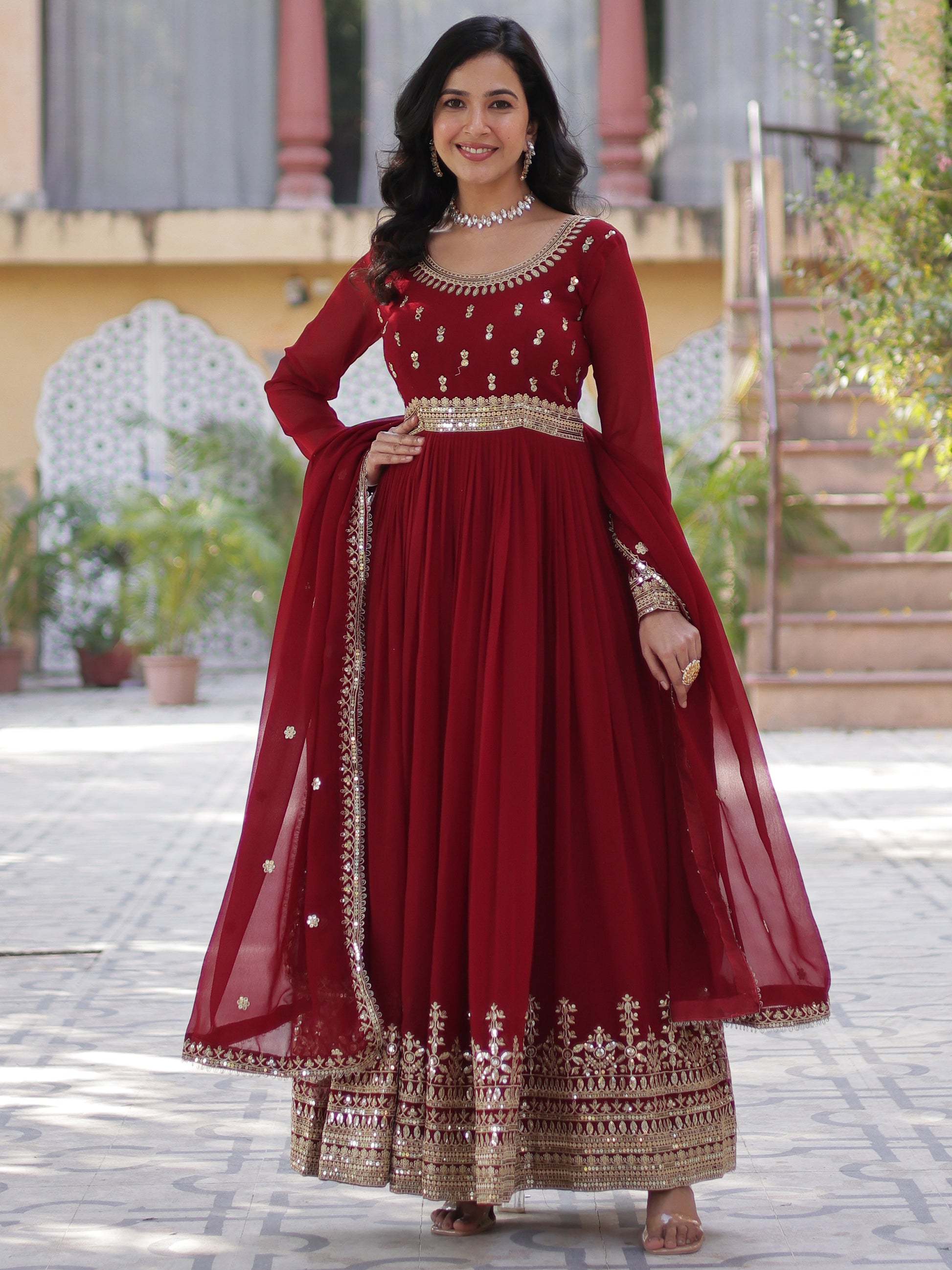 Gorgeous Maroon Zari Embroidered Georgette Wedding Wear Gown