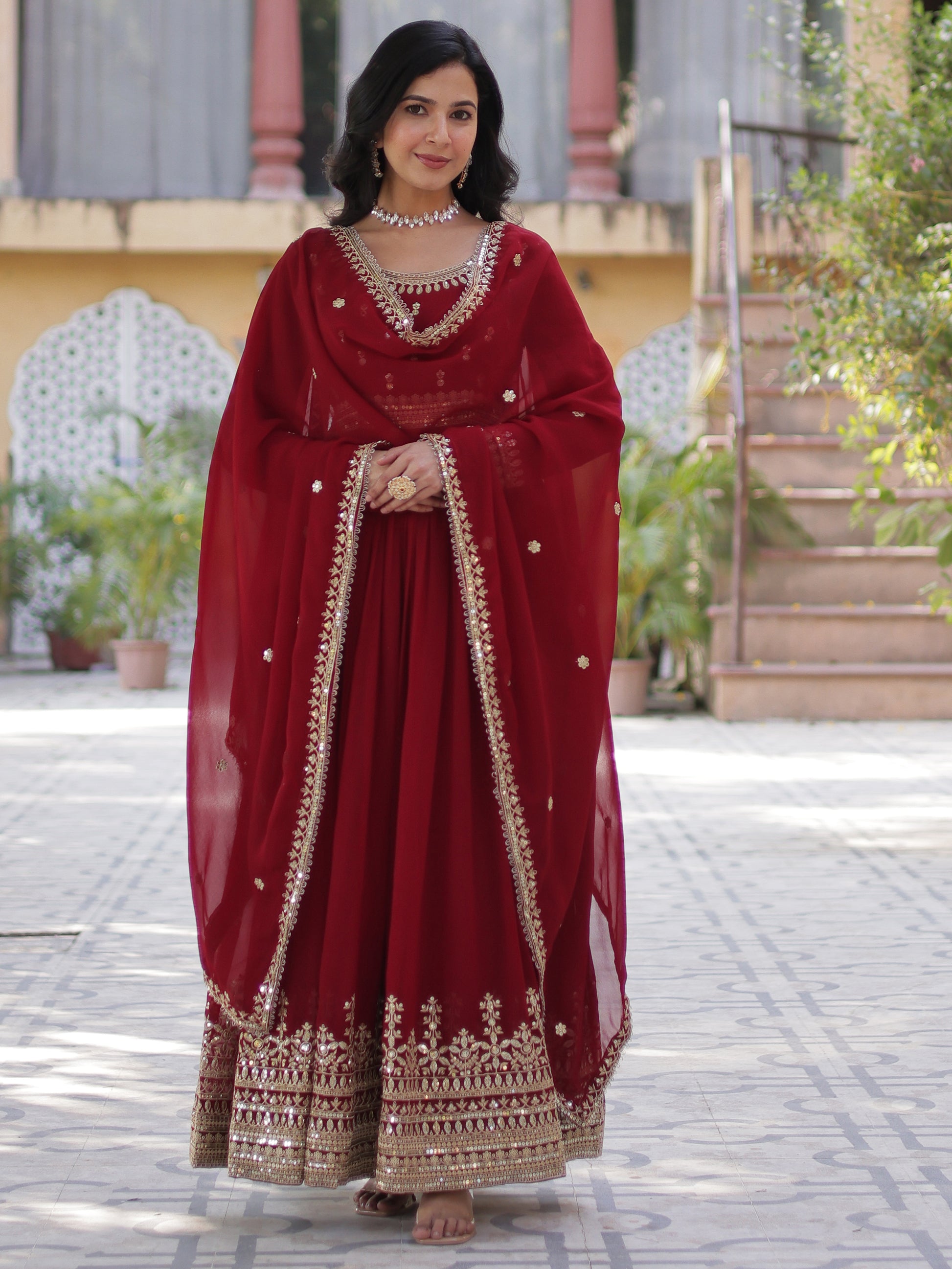 Gorgeous Maroon Zari Embroidered Georgette Wedding Wear Gown