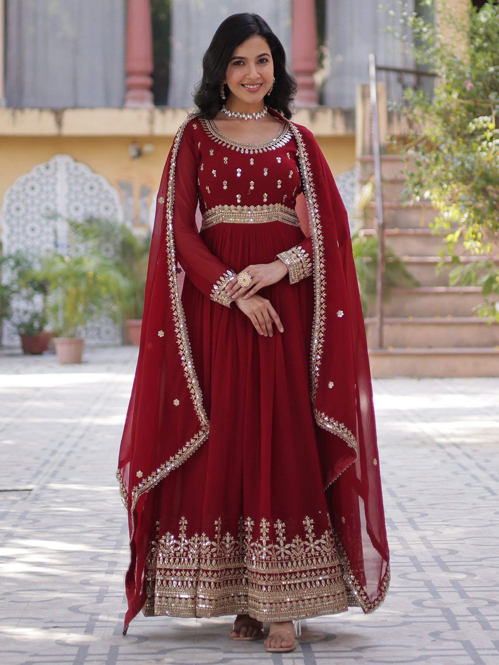 Gorgeous Maroon Zari Embroidered Georgette Wedding Wear Gown