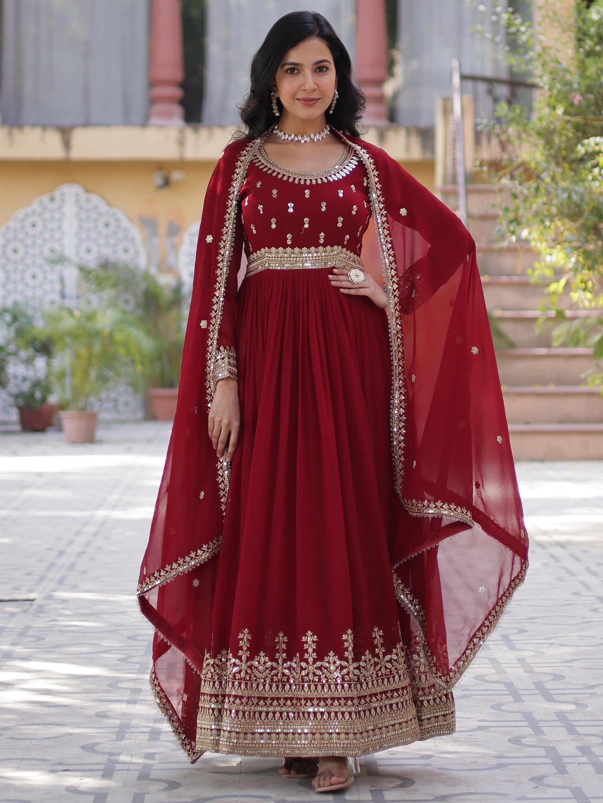 Gorgeous Maroon Zari Embroidered Georgette Wedding Wear Gown