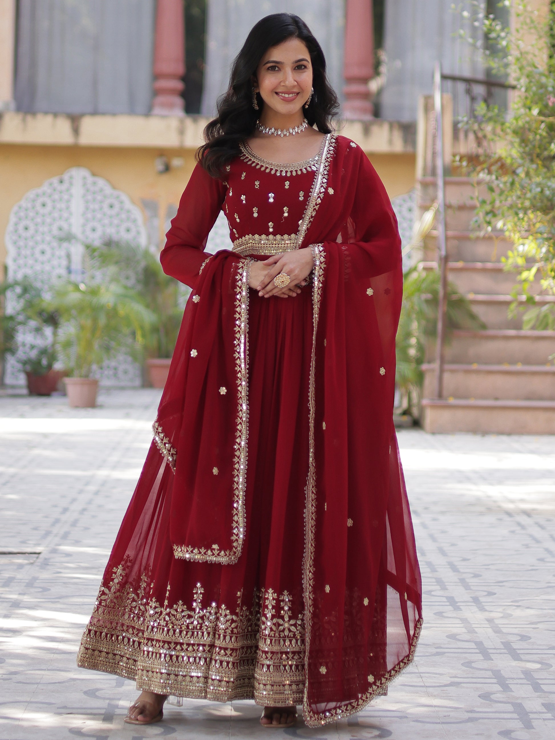 Gorgeous Maroon Zari Embroidered Georgette Wedding Wear Gown
