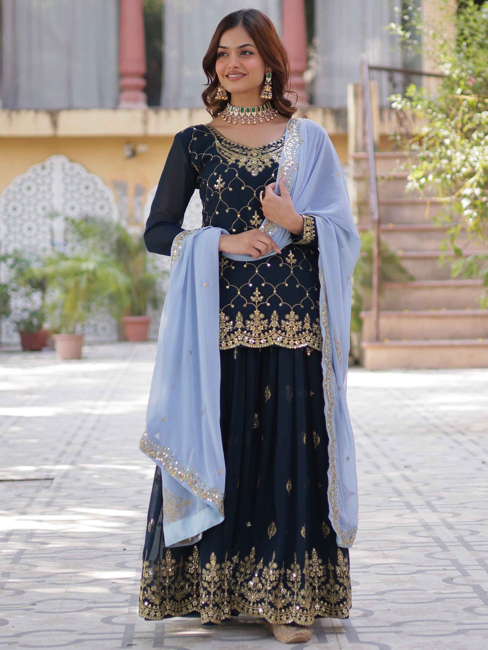Stunning Blue Sequins Georgette Festival Wear Sharara Suit