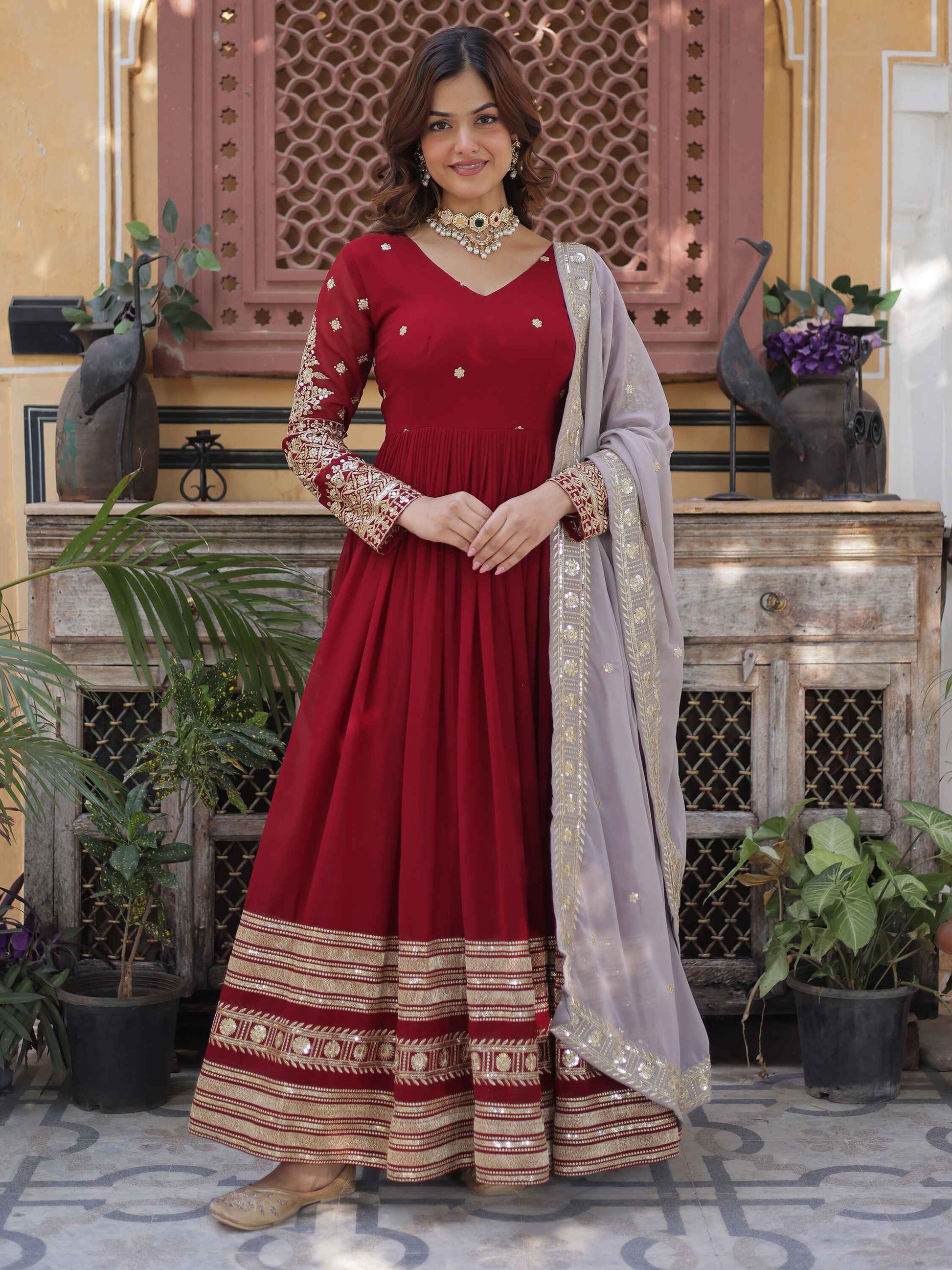 Captivating Red Zari Embroidered Georgette Festival Wear Gown