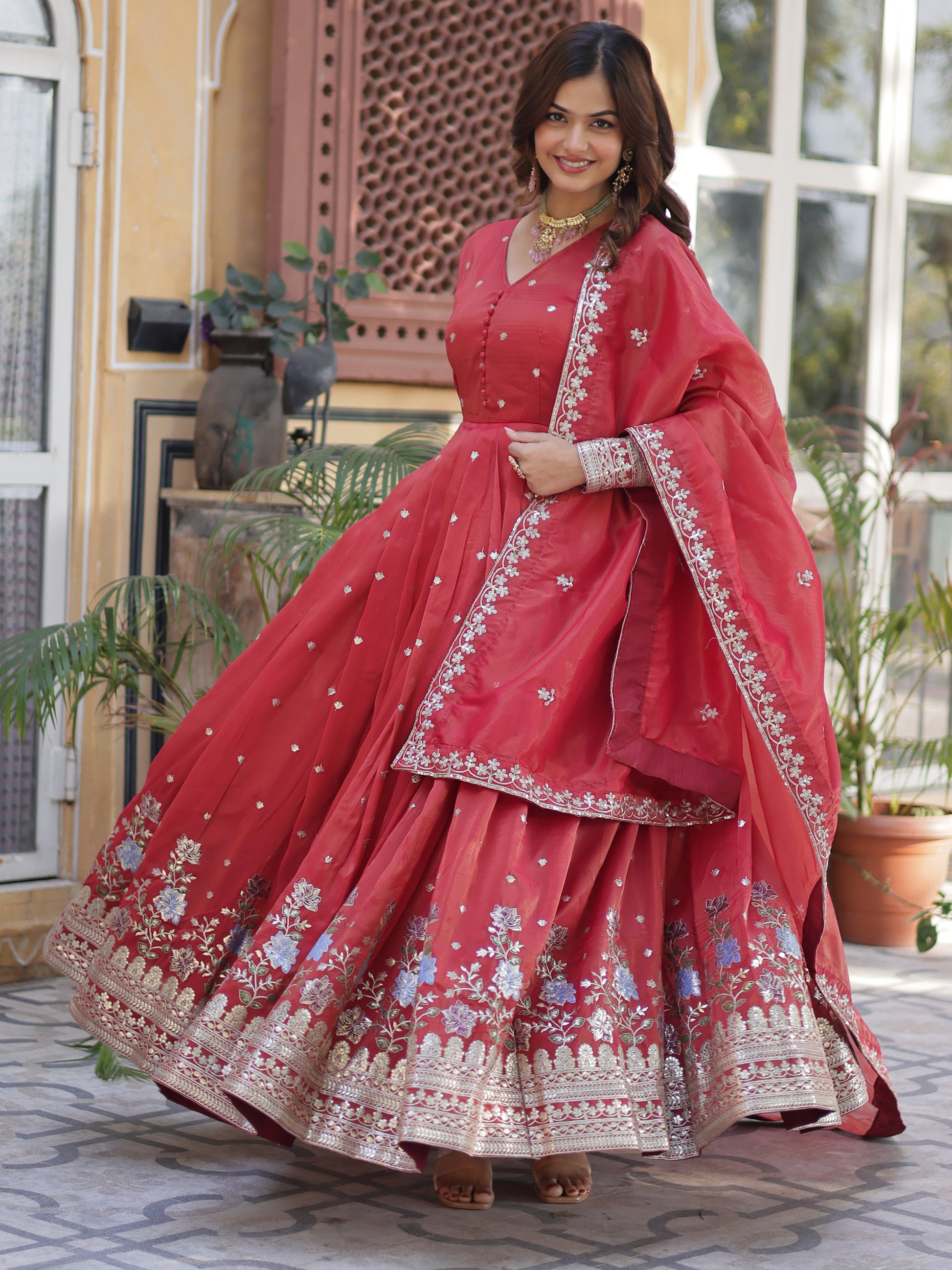 Dazzling Coral Red Zari Work Viscose Festival Wear Gown WithDupatta