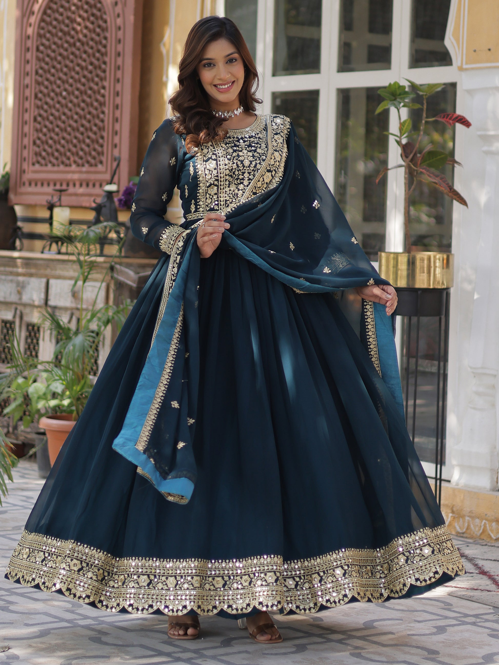 Pretty Teal Blue Zari Embroidered Georgette Gown With Dupatta