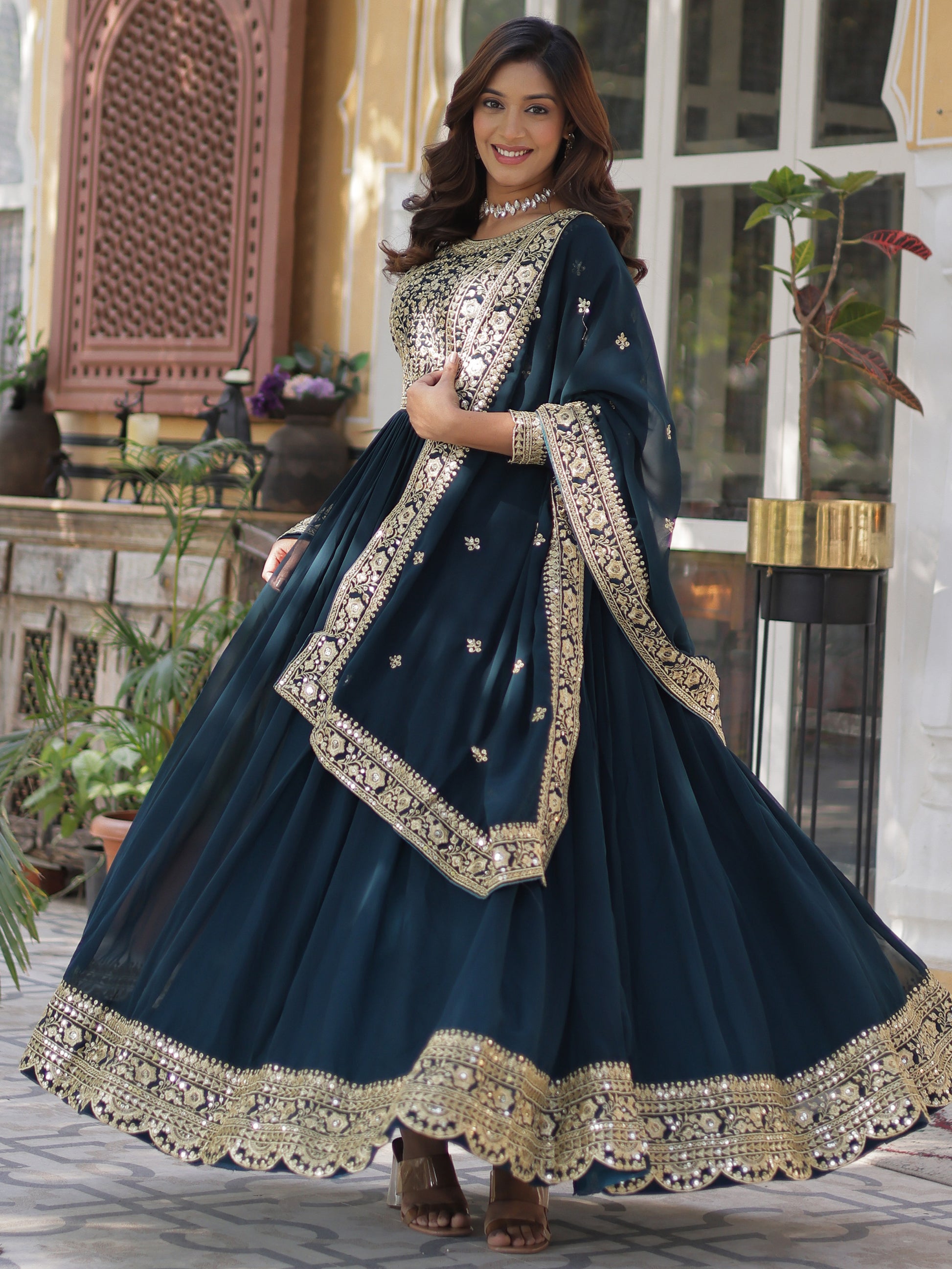 Pretty Teal Blue Zari Embroidered Georgette Gown With Dupatta