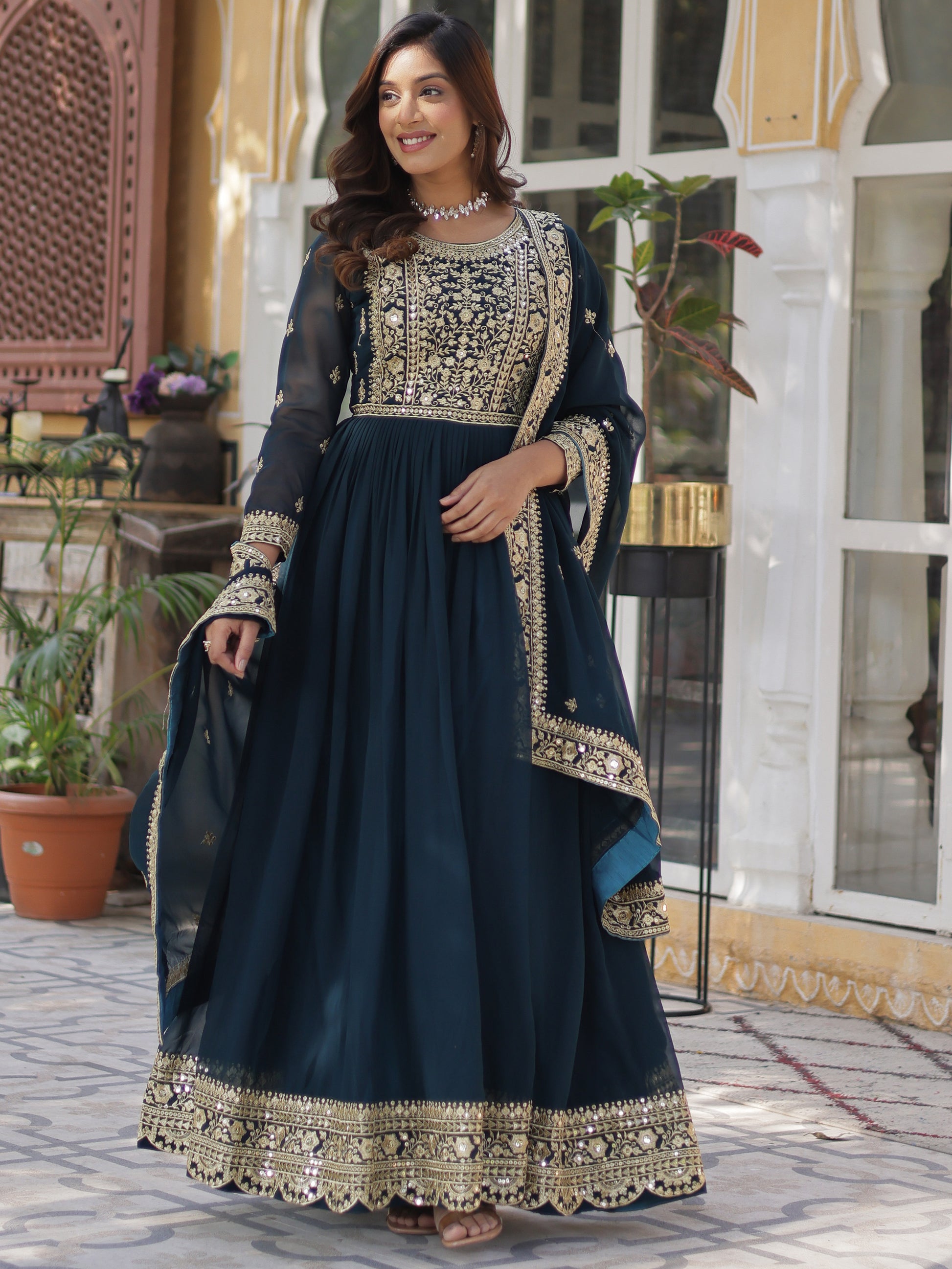 Pretty Teal Blue Zari Embroidered Georgette Gown With Dupatta