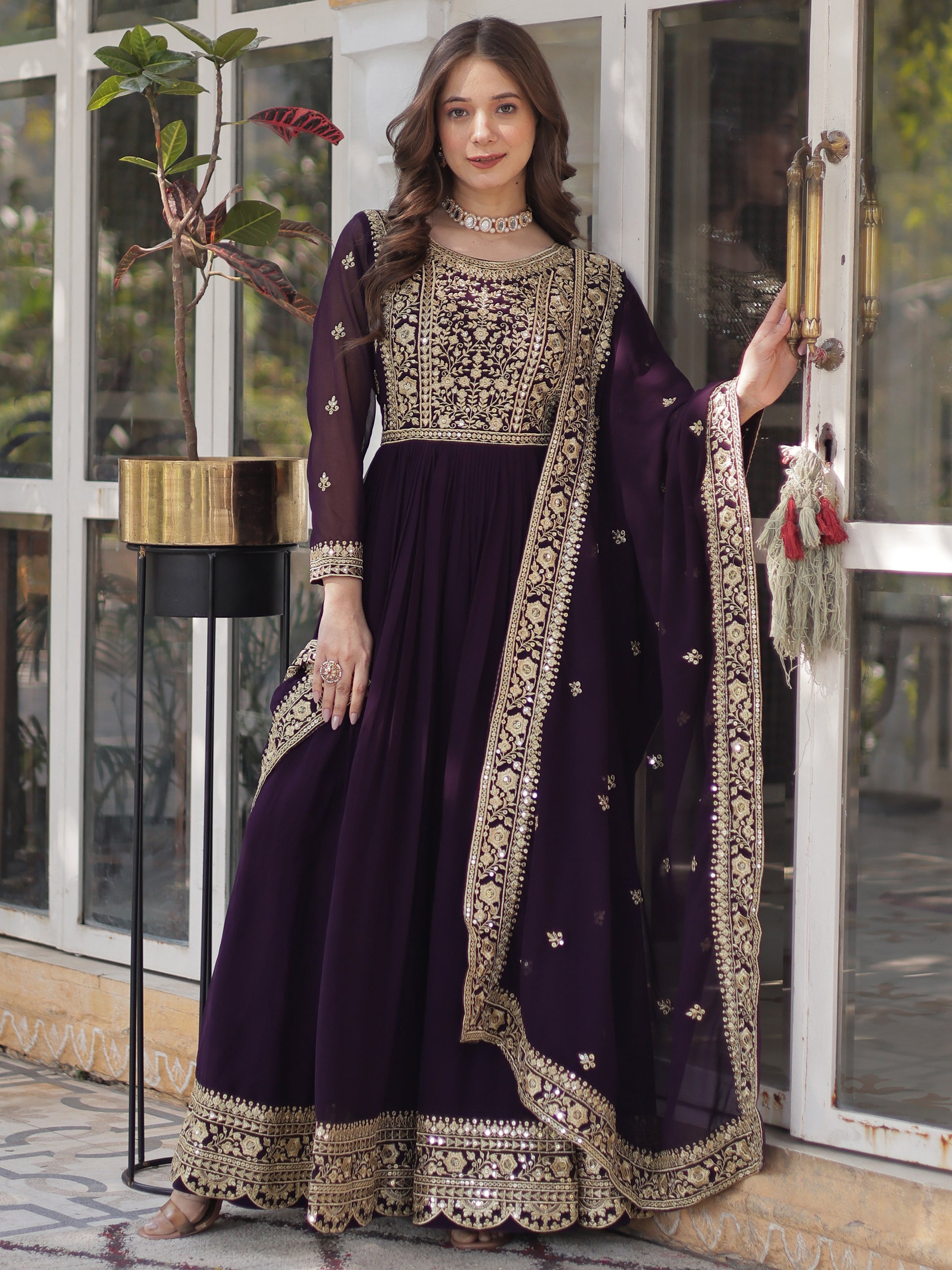 Glamorous Wine Zari Embroidered Georgette Reception Wear Gown