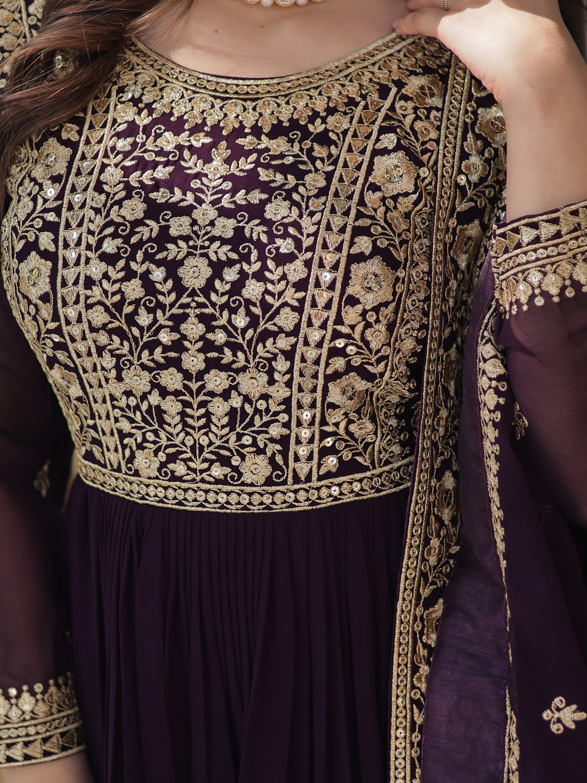 Glamorous Wine Zari Embroidered Georgette Reception Wear Gown