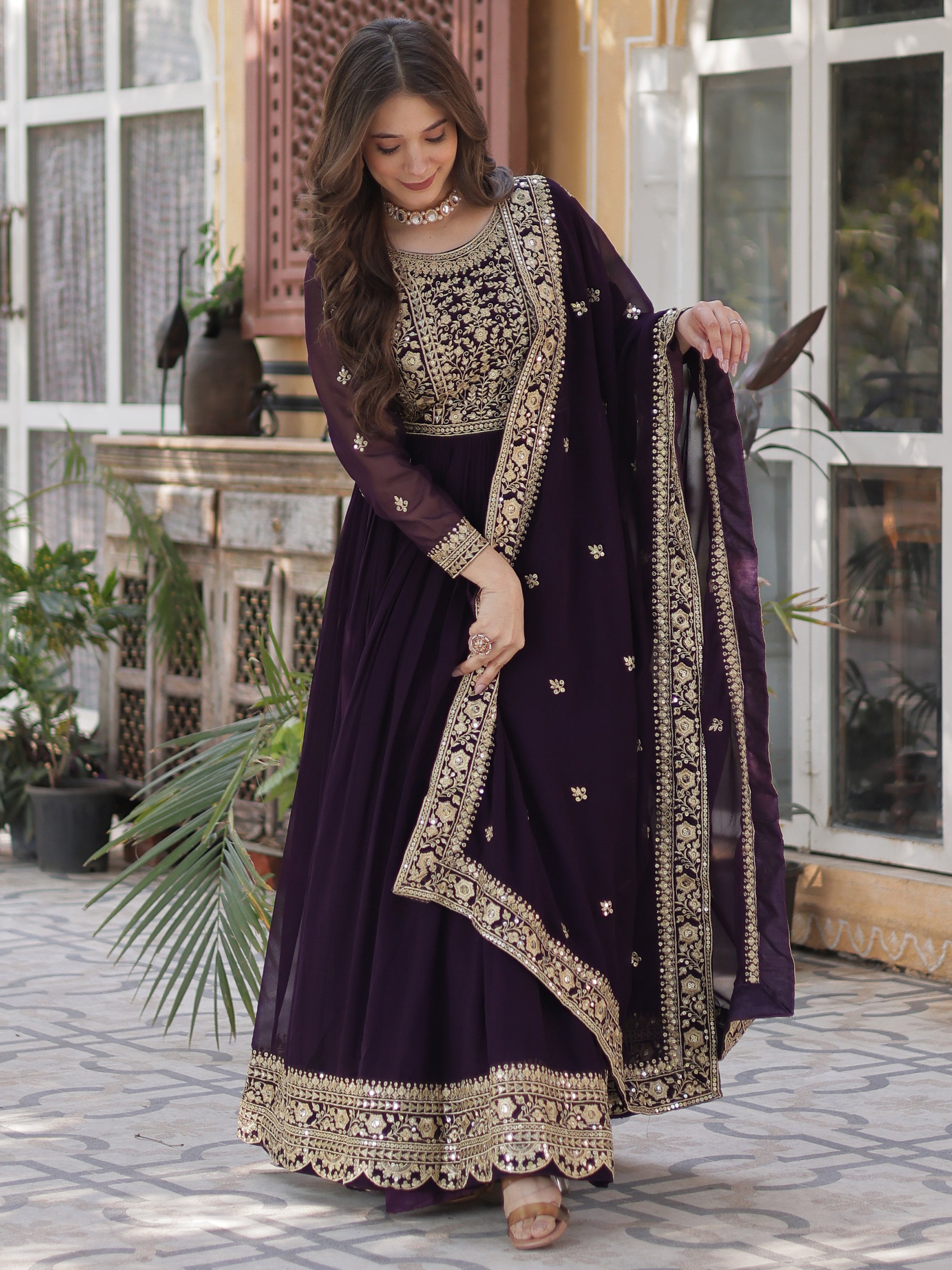 Glamorous Wine Zari Embroidered Georgette Reception Wear Gown