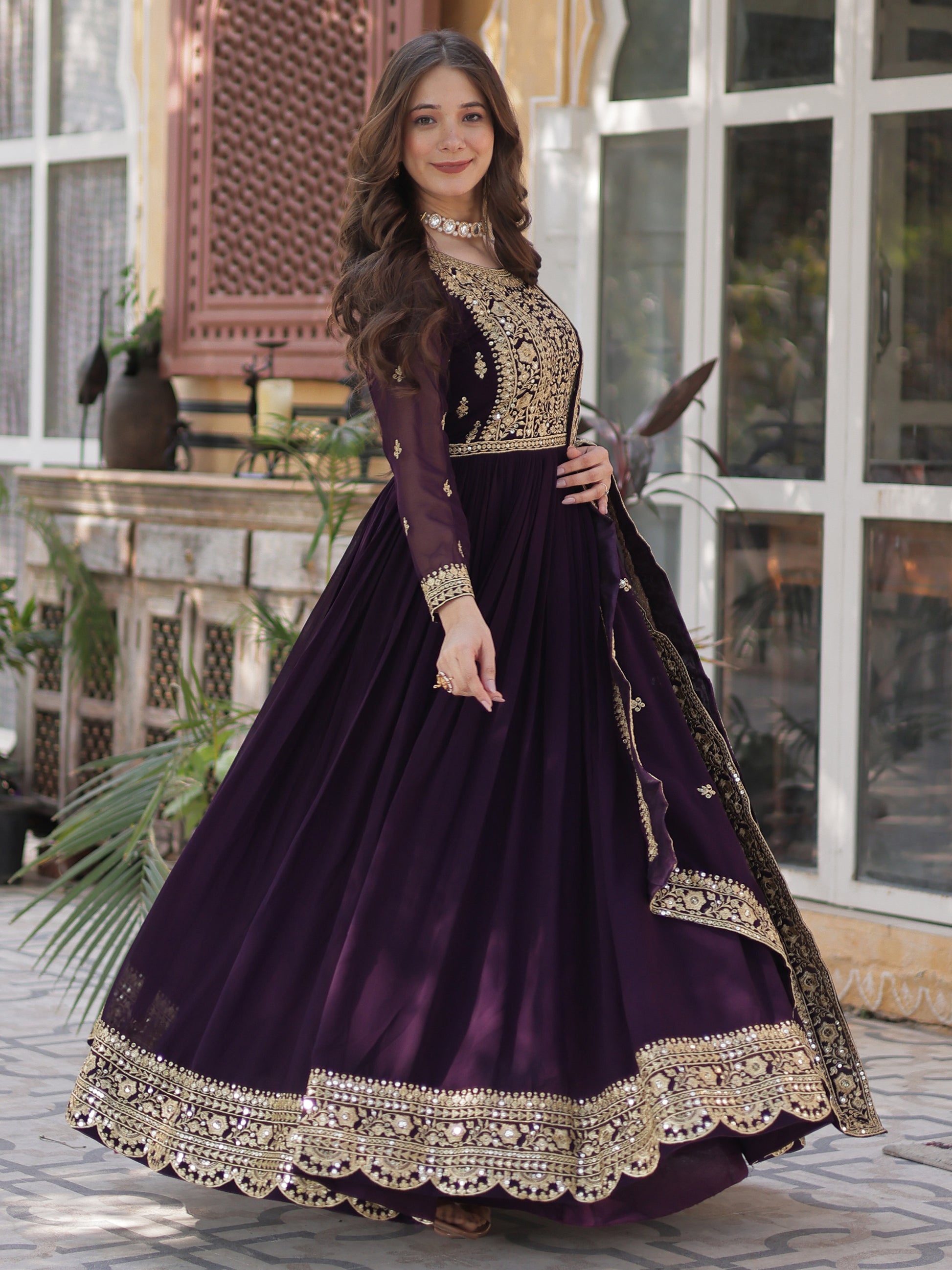 Glamorous Wine Zari Embroidered Georgette Reception Wear Gown