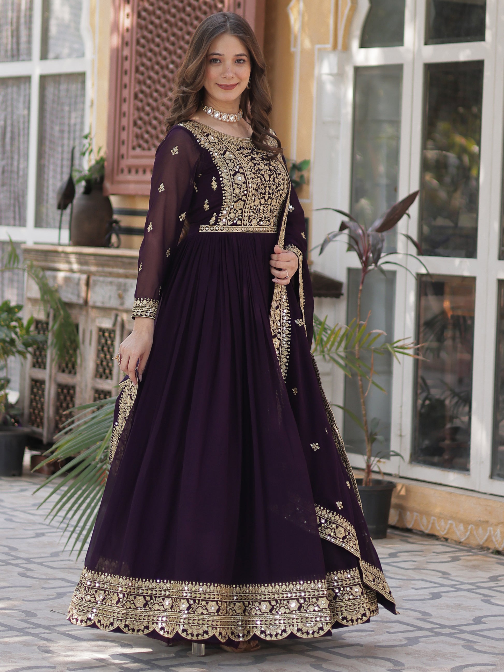 Glamorous Wine Zari Embroidered Georgette Reception Wear Gown