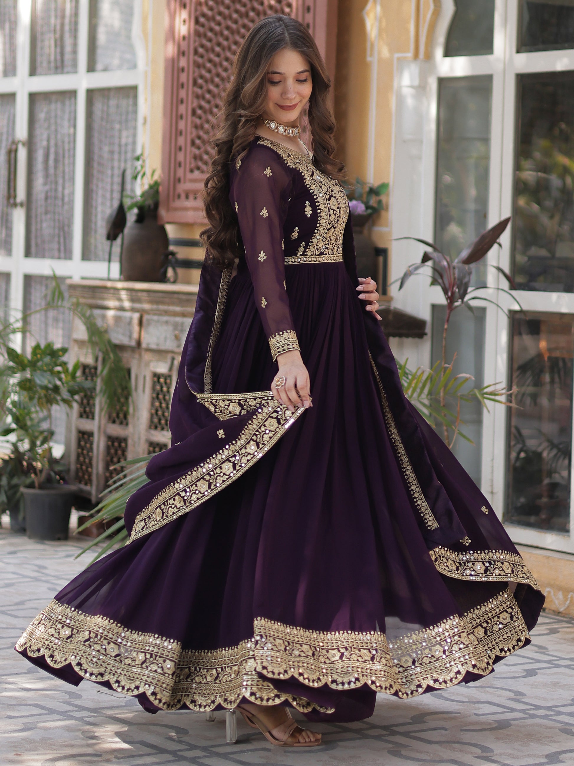 Glamorous Wine Zari Embroidered Georgette Reception Wear Gown