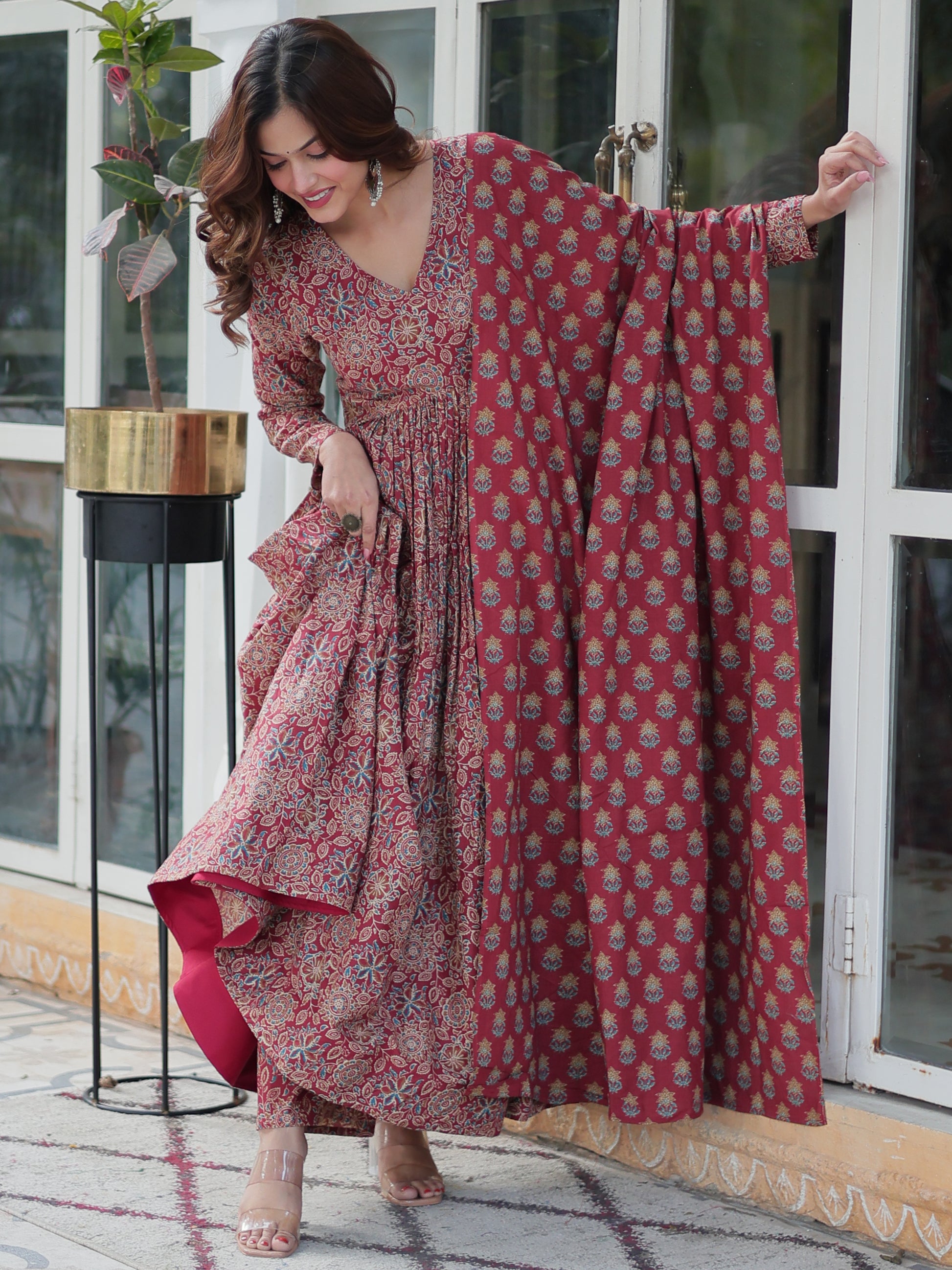 Enchanting Maroon Digital Printed Cotton Festival Wear Anarkali Suit