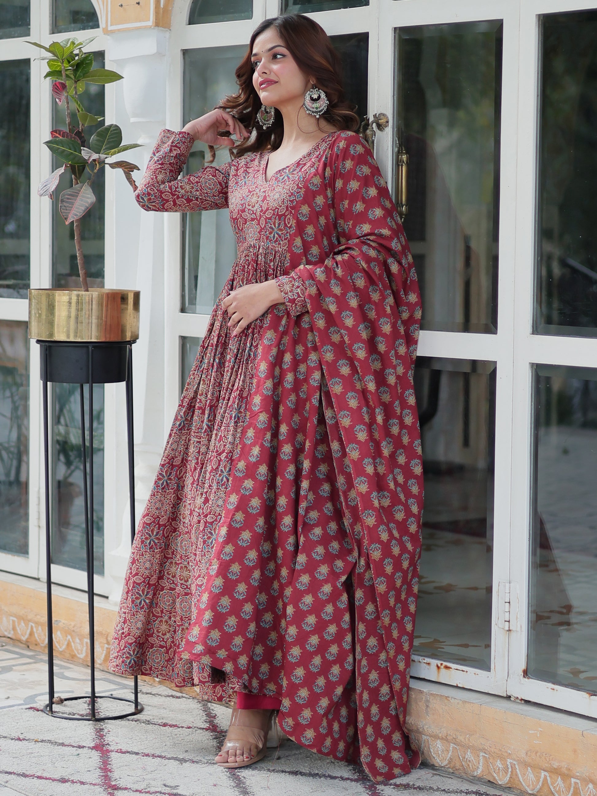 Enchanting Maroon Digital Printed Cotton Festival Wear Anarkali Suit