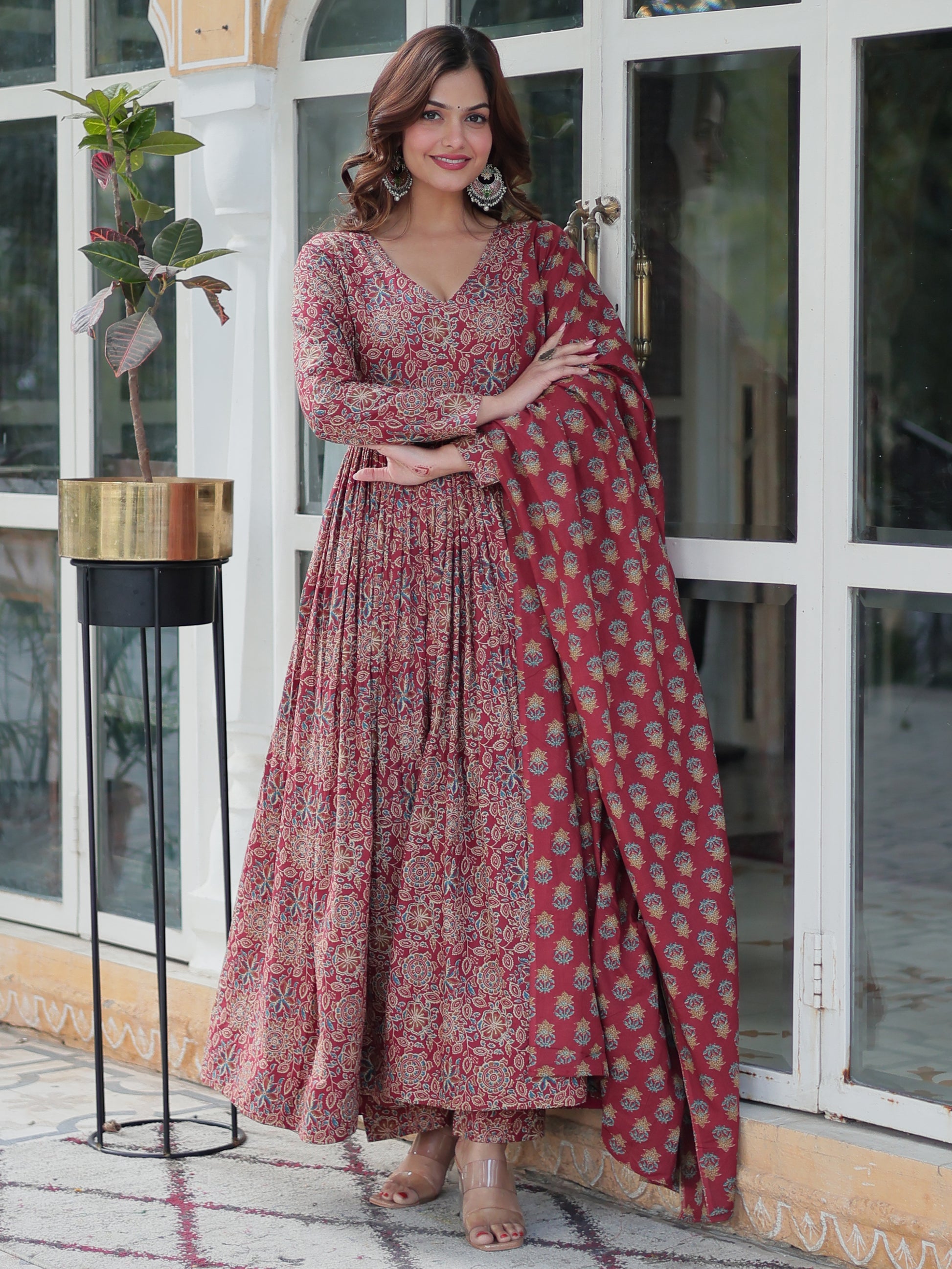 Enchanting Maroon Digital Printed Cotton Festival Wear Anarkali Suit