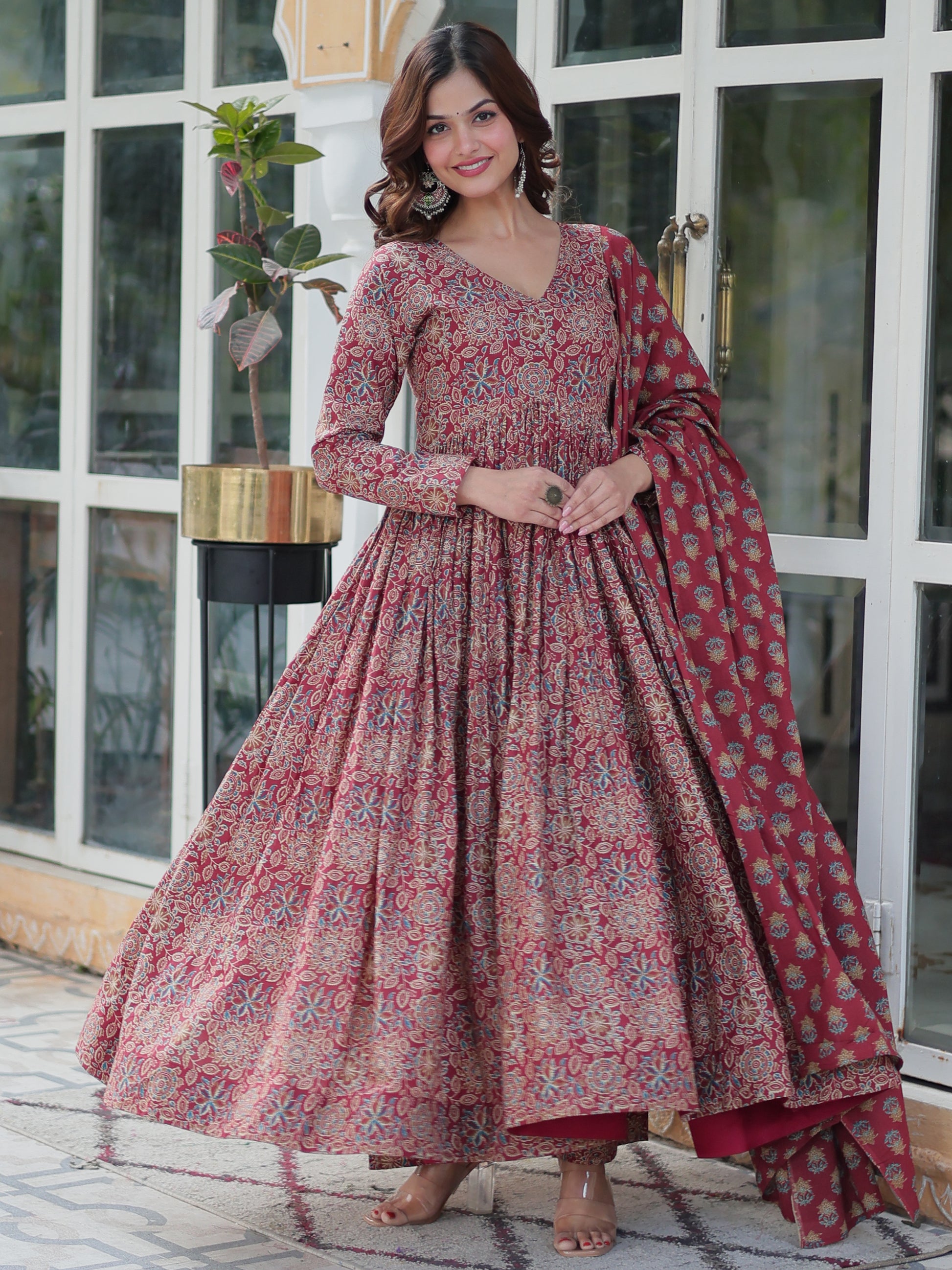 Enchanting Maroon Digital Printed Cotton Festival Wear Anarkali Suit