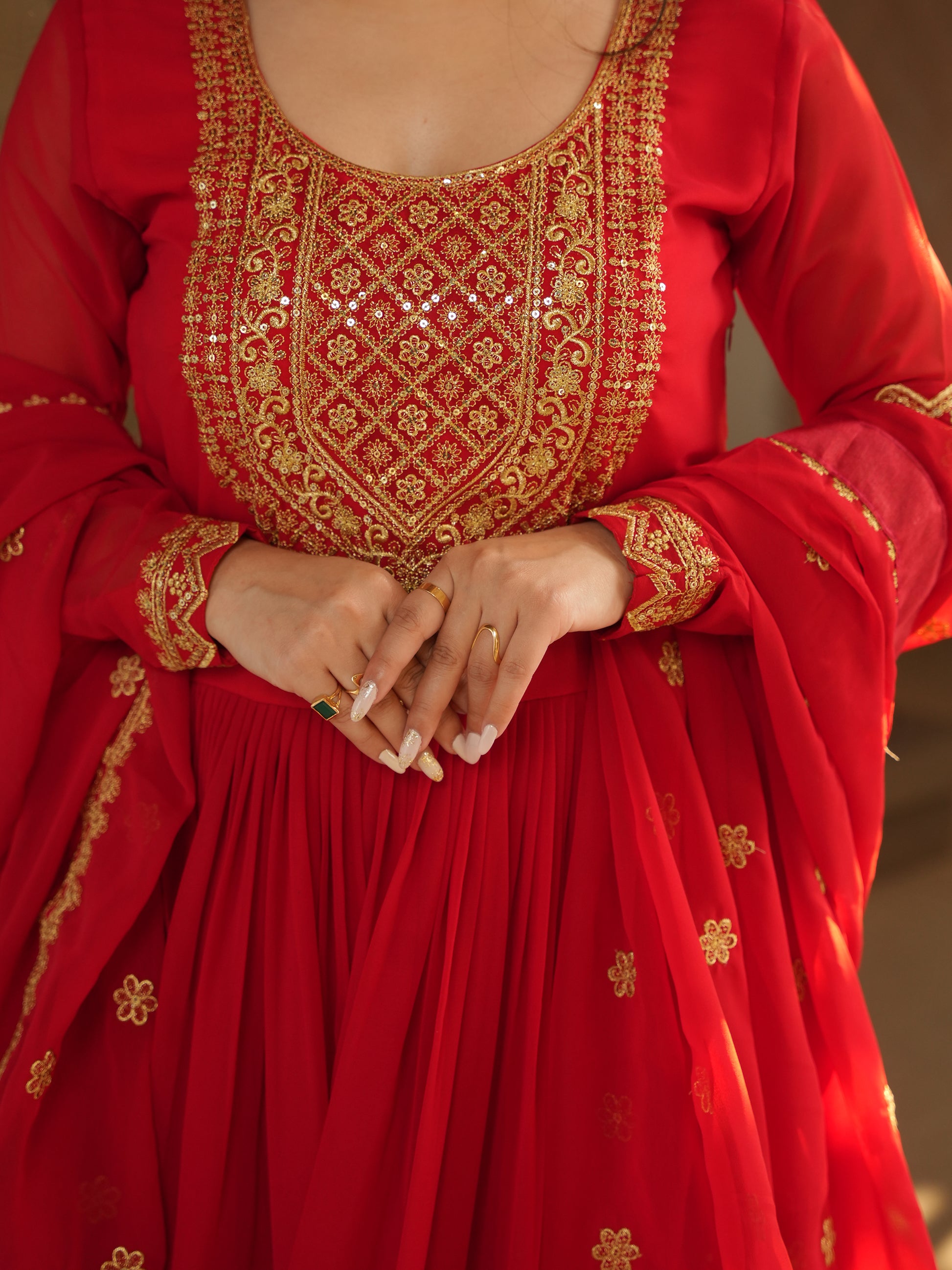 Beautiful Red Zari Embroidered Georgette Wedding Gown With Dupatta