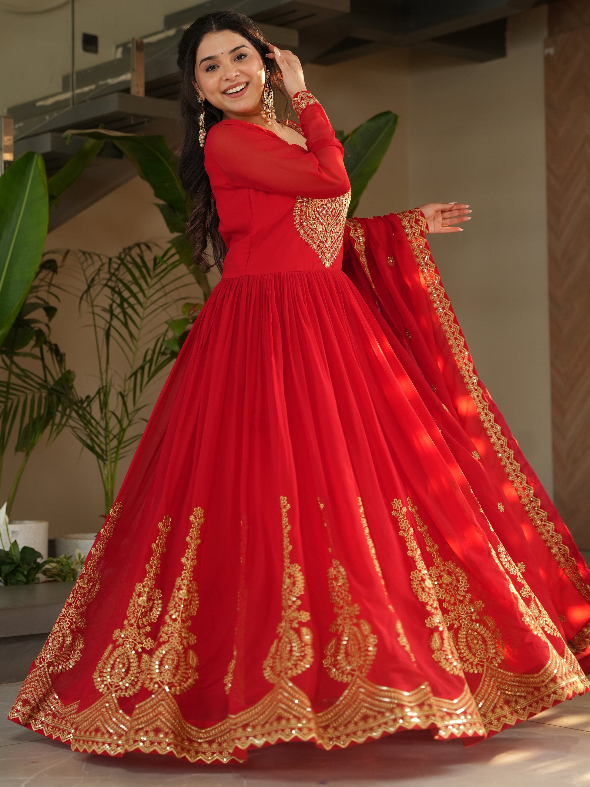Beautiful Red Zari Embroidered Georgette Wedding Gown With Dupatta
