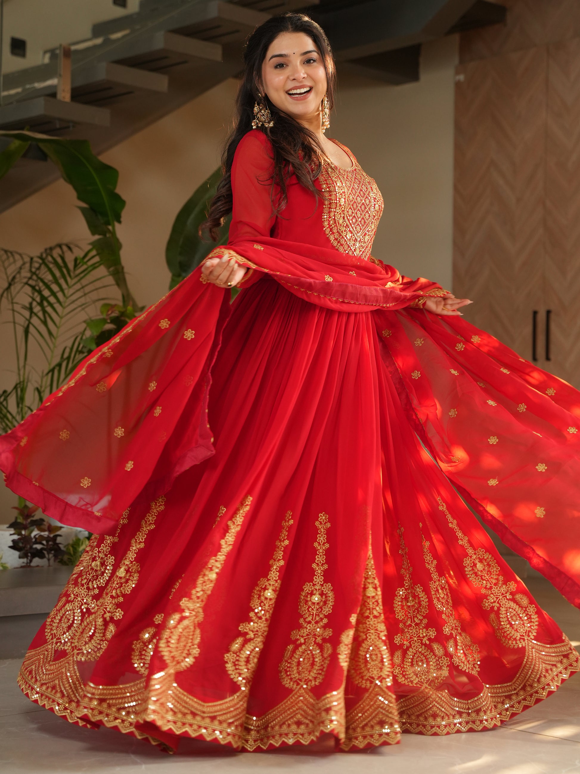 Beautiful Red Zari Embroidered Georgette Wedding Gown With Dupatta