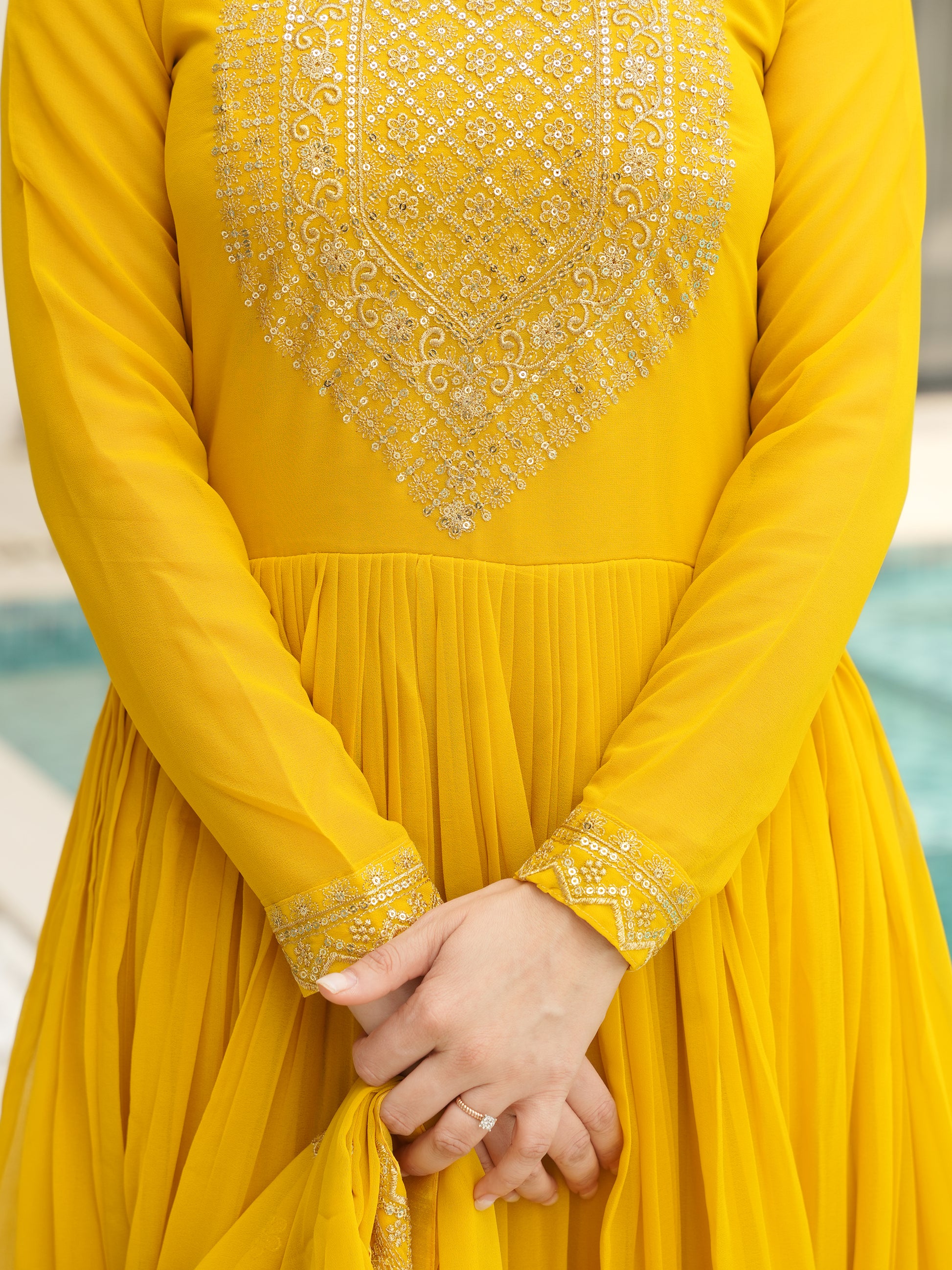 Marvelous Yellow Sequins Georgette Festival Wear Gown With Dupatta