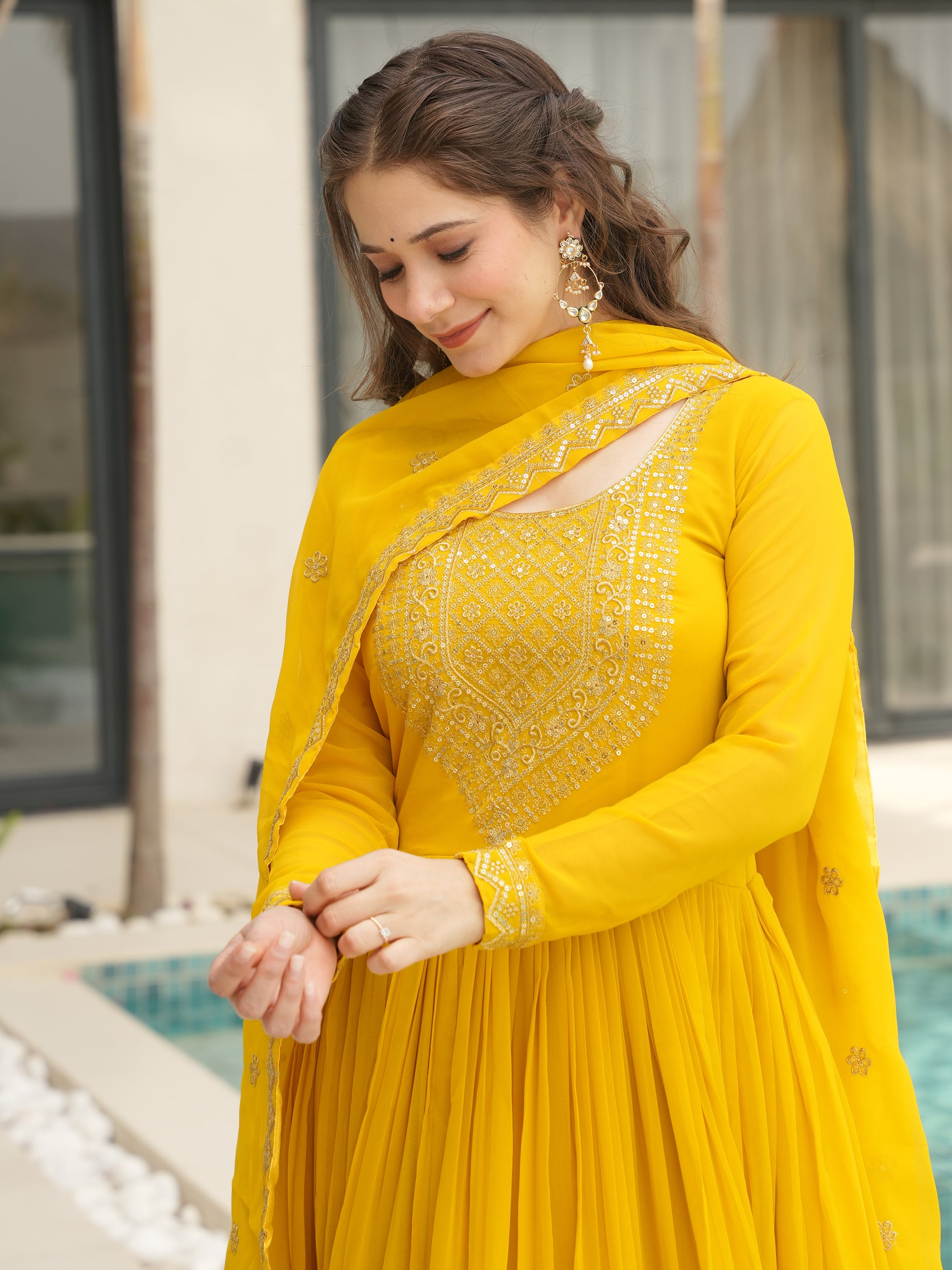 Marvelous Yellow Sequins Georgette Festival Wear Gown With Dupatta