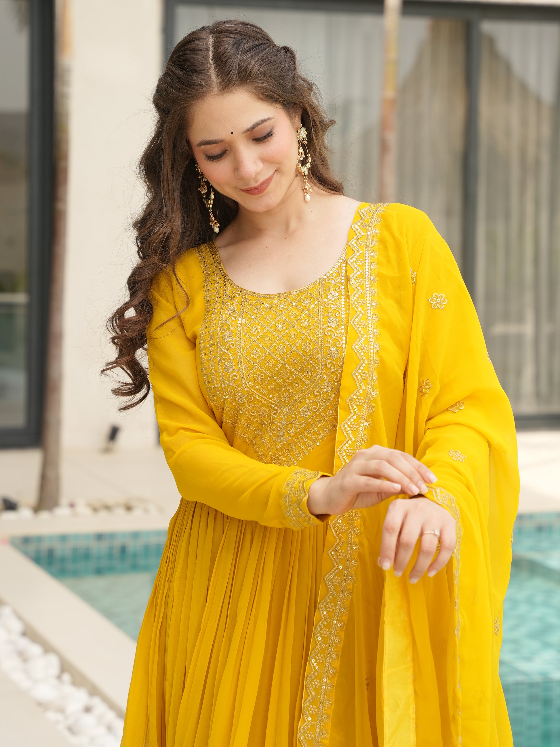 Marvelous Yellow Sequins Georgette Festival Wear Gown With Dupatta