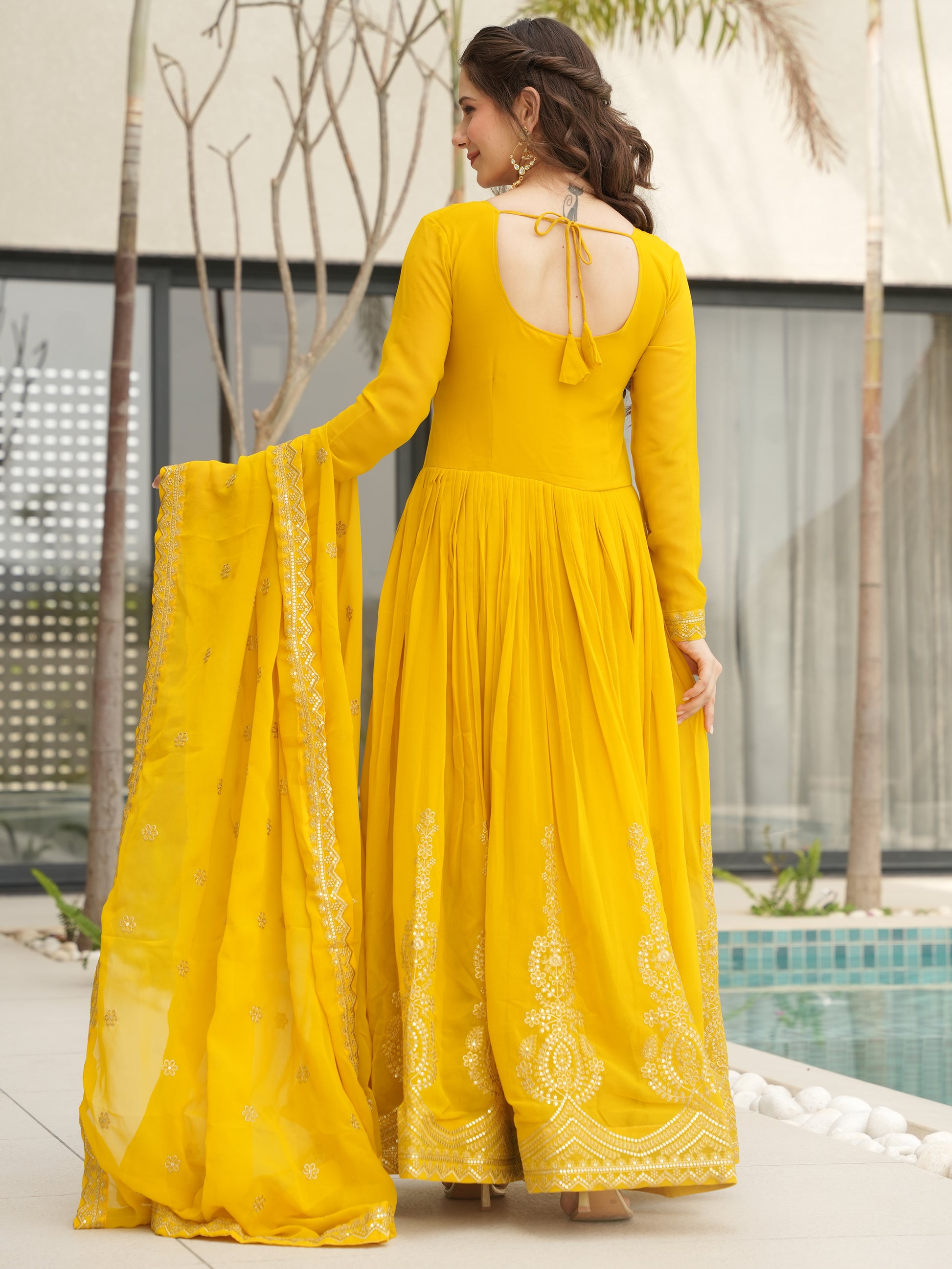 Marvelous Yellow Sequins Georgette Festival Wear Gown With Dupatta