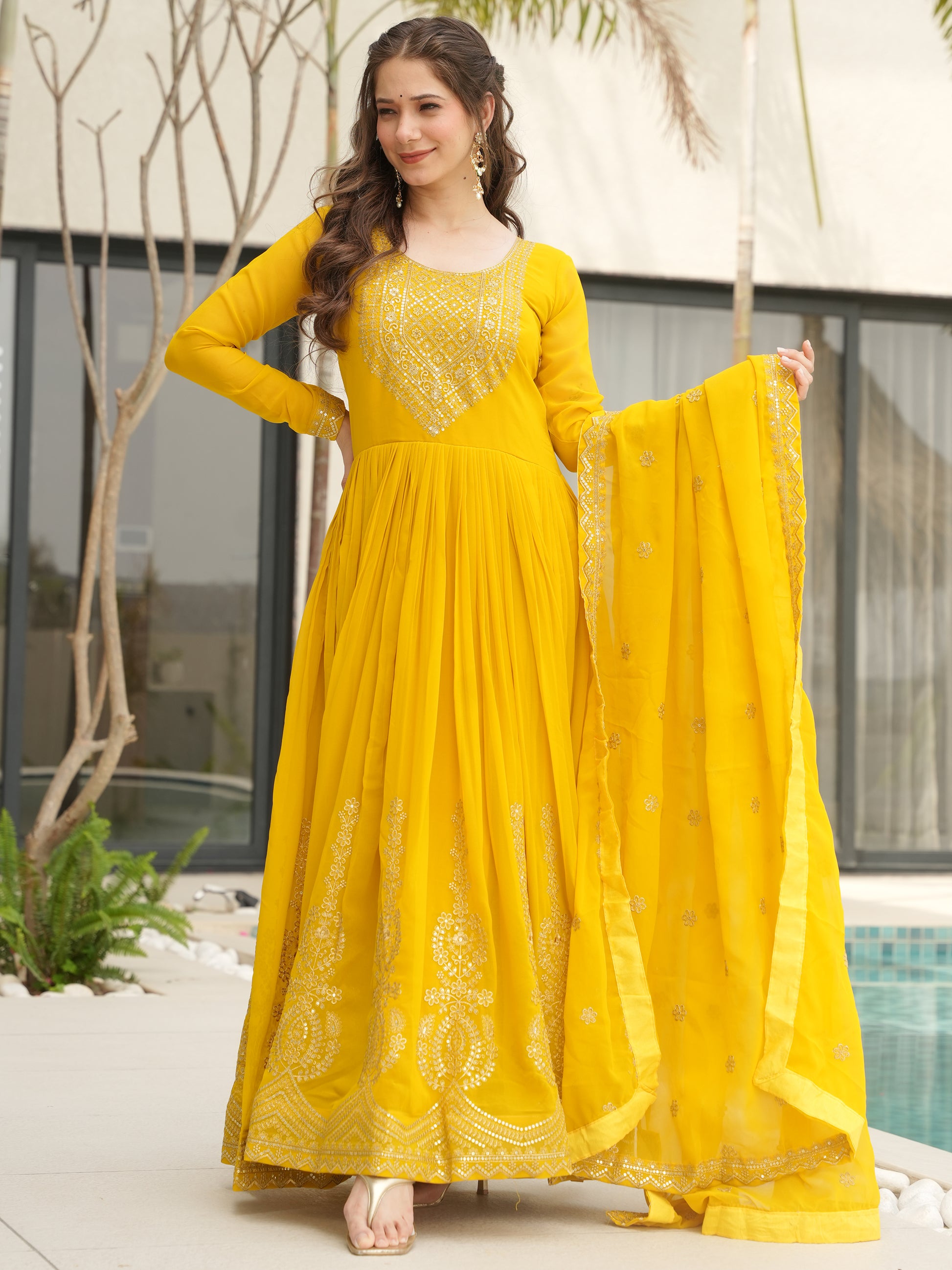 Marvelous Yellow Sequins Georgette Festival Wear Gown With Dupatta