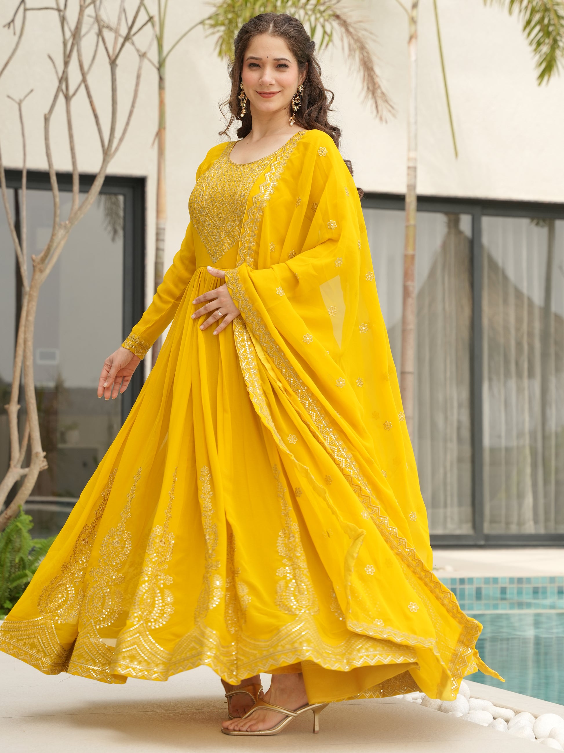 Marvelous Yellow Sequins Georgette Festival Wear Gown With Dupatta