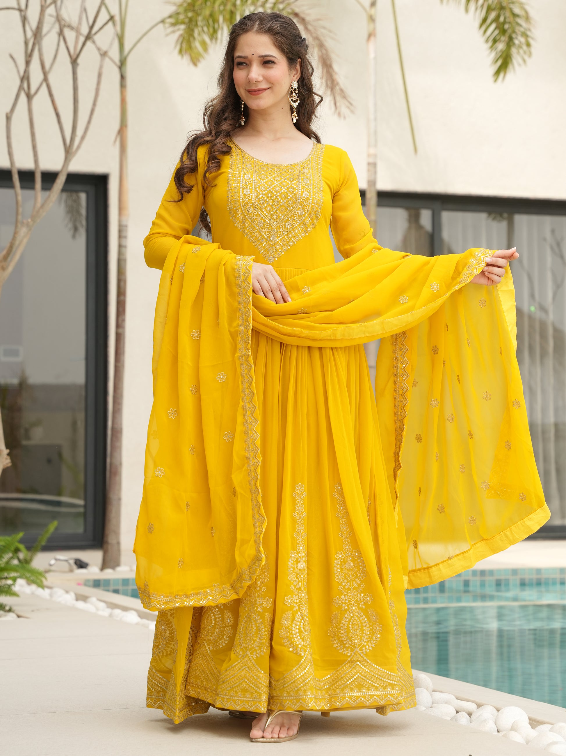 Marvelous Yellow Sequins Georgette Festival Wear Gown With Dupatta