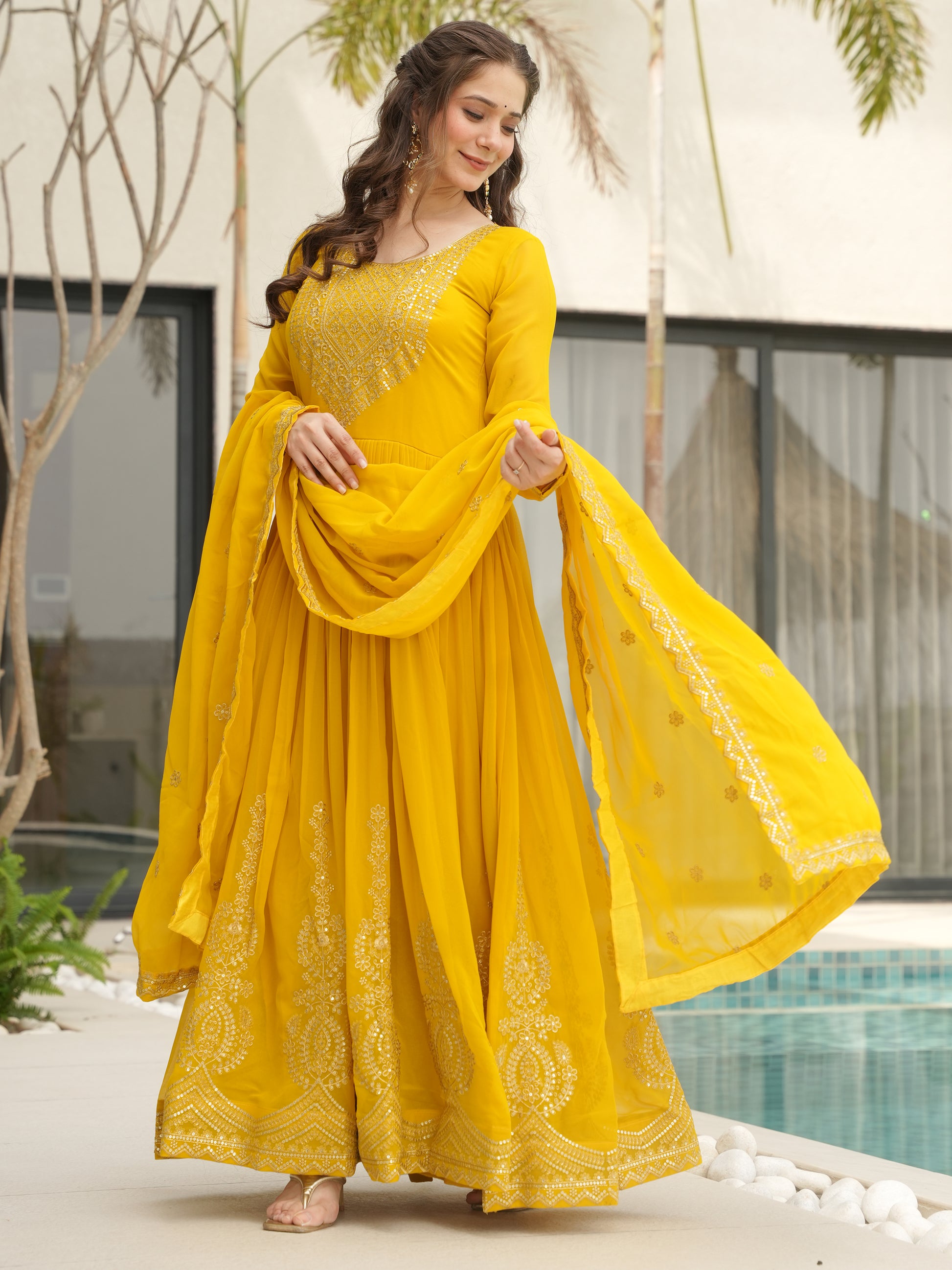 Marvelous Yellow Sequins Georgette Festival Wear Gown With Dupatta