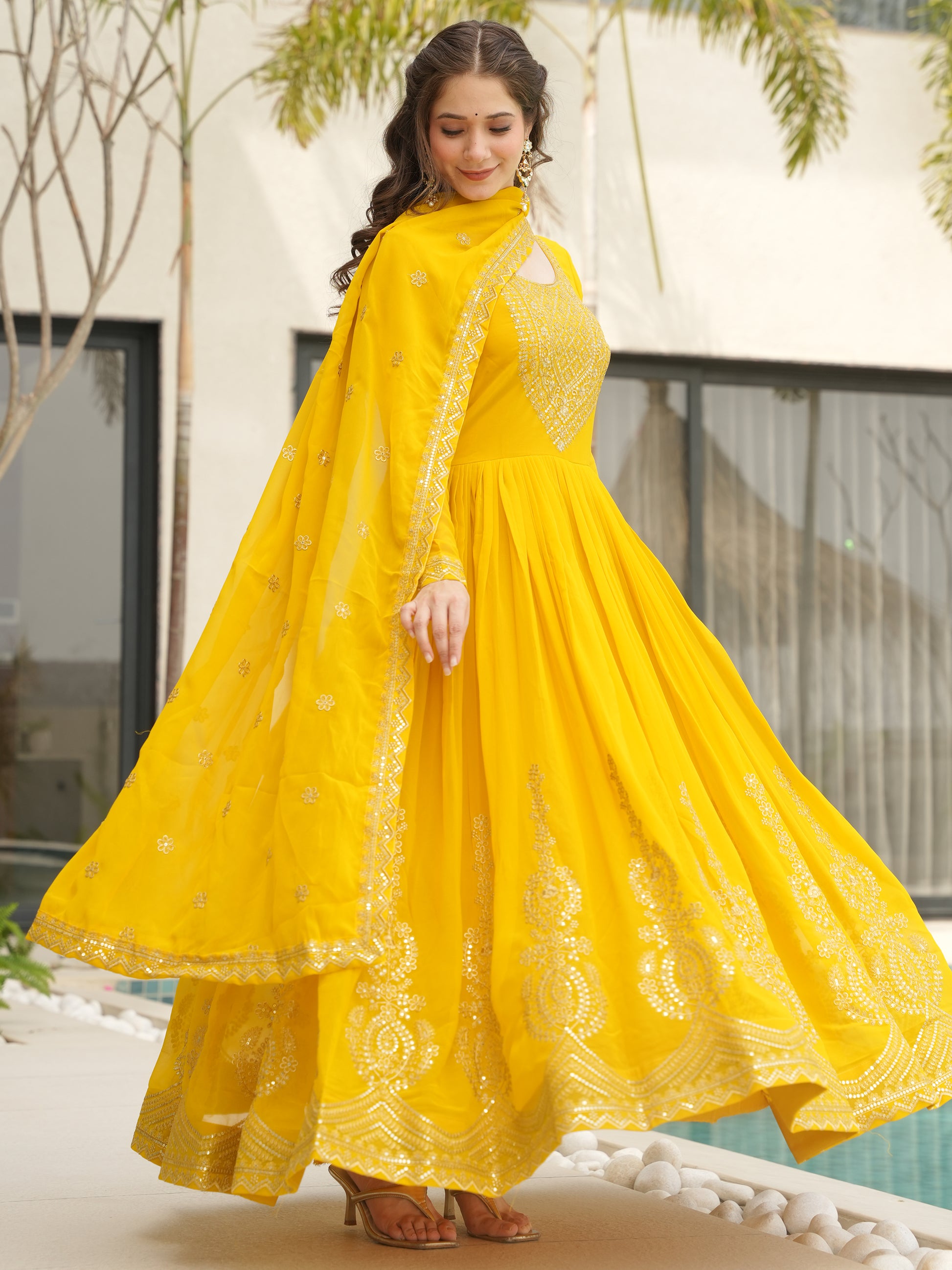 Marvelous Yellow Sequins Georgette Festival Wear Gown With Dupatta