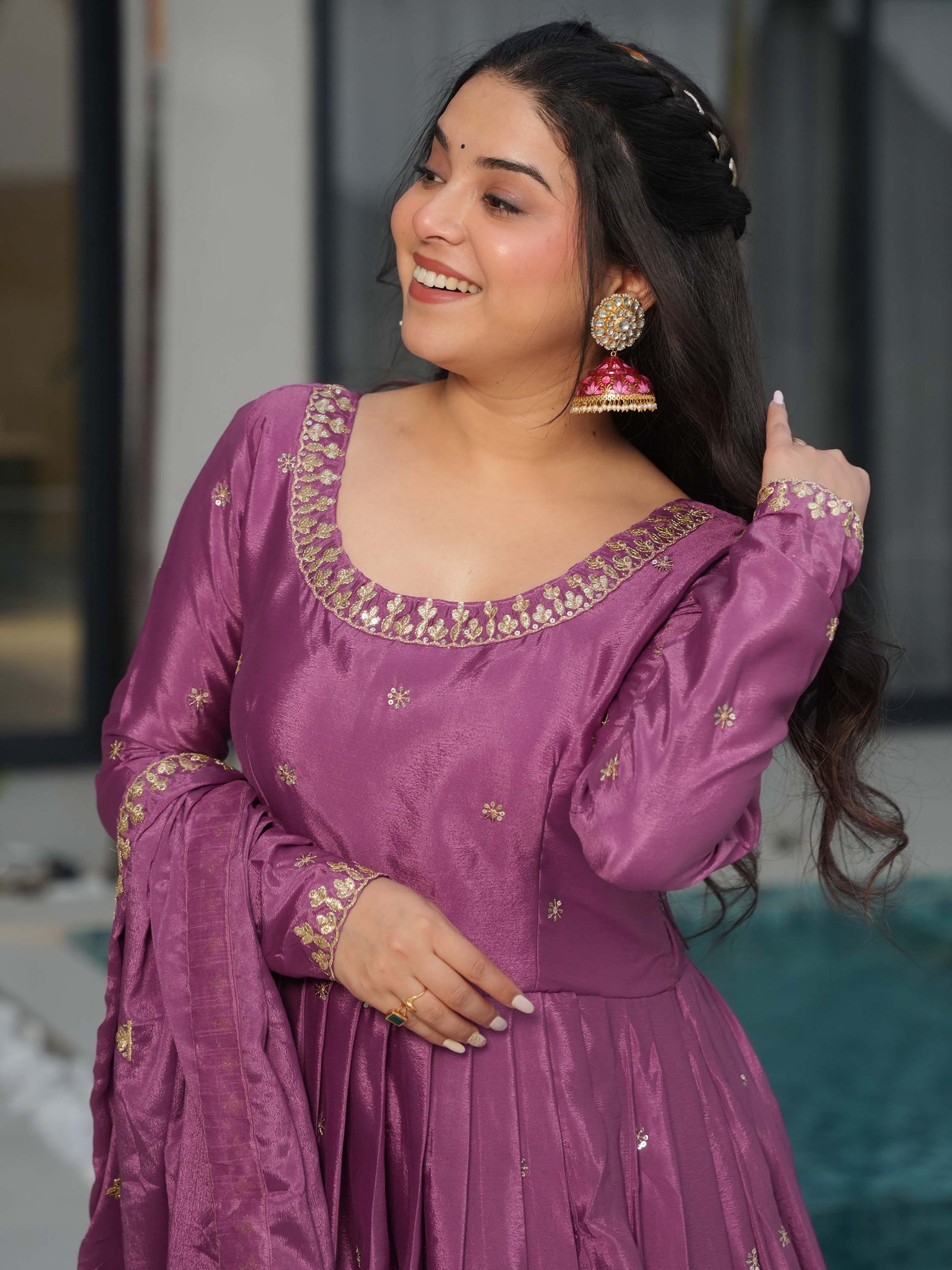 Charming Mauve Zari Work Chinon Traditional Gown With Dupatta