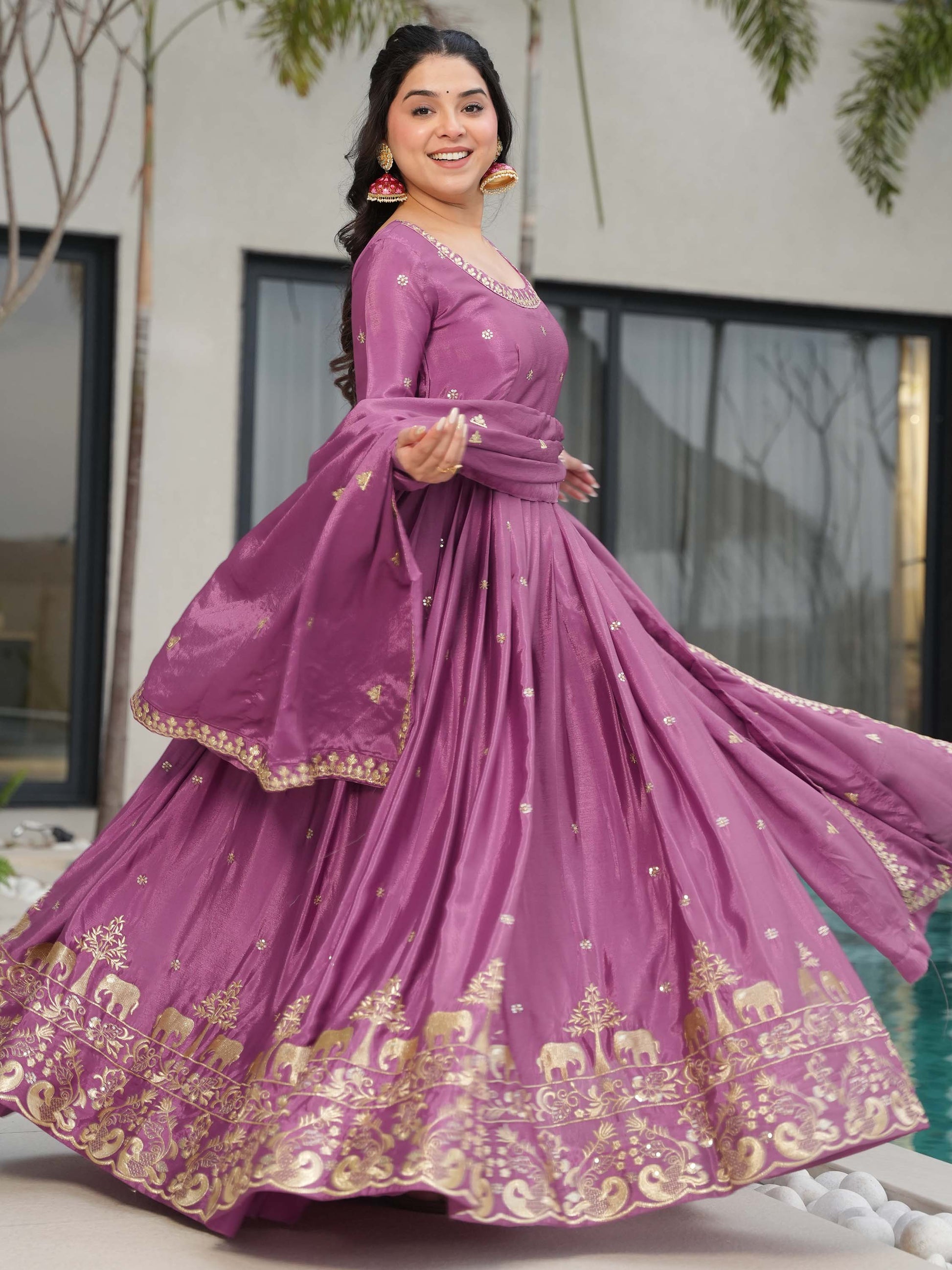 Charming Mauve Zari Work Chinon Traditional Gown With Dupatta