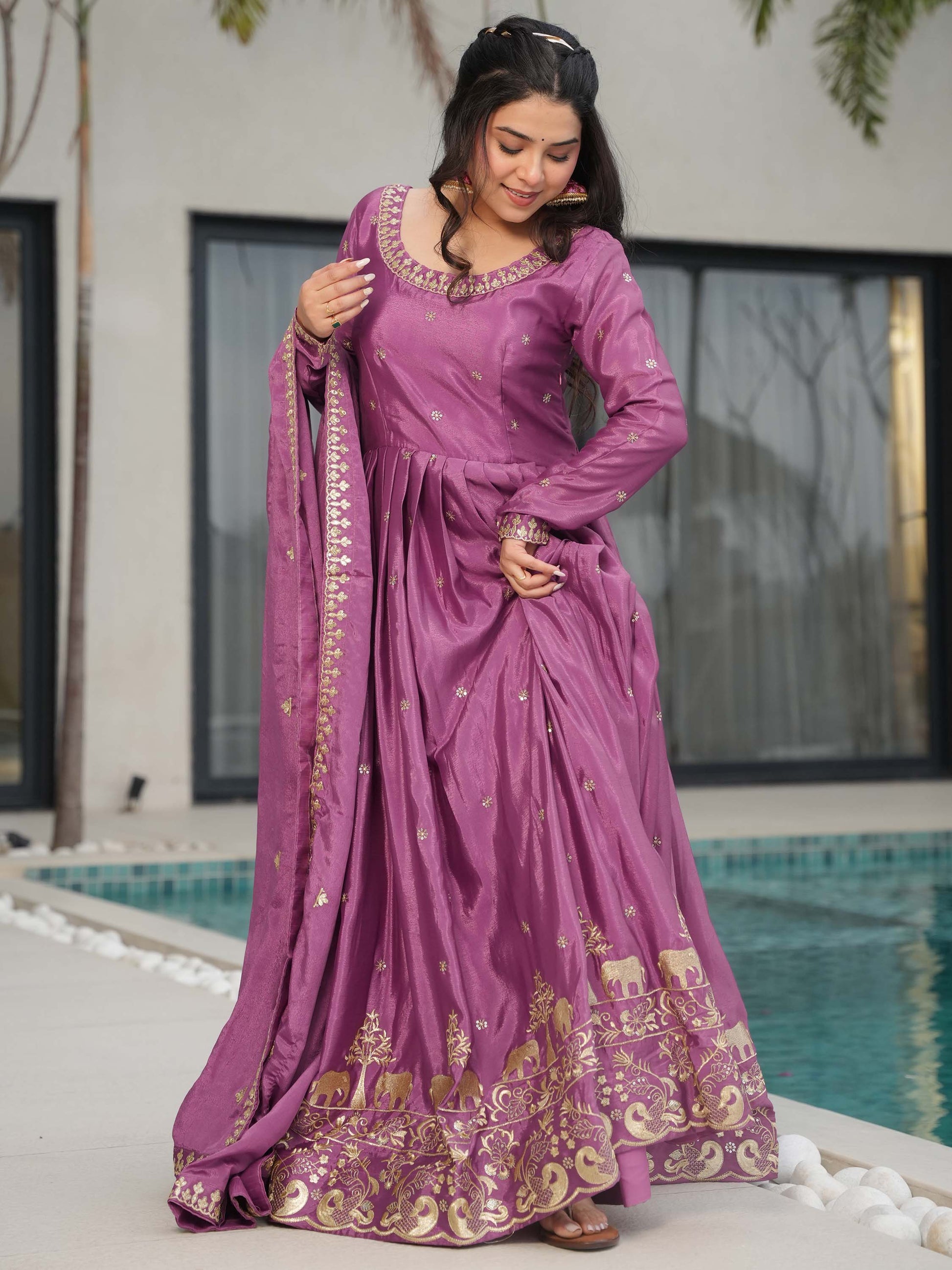 Charming Mauve Zari Work Chinon Traditional Gown With Dupatta