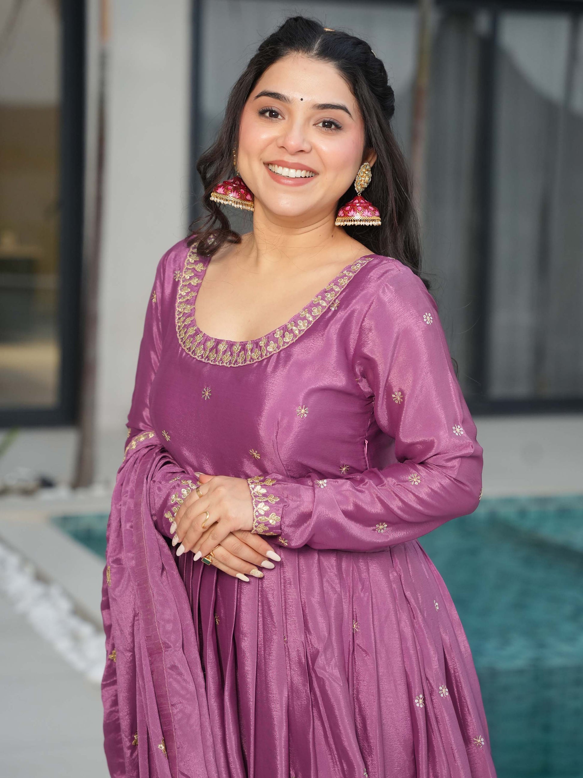 Charming Mauve Zari Work Chinon Traditional Gown With Dupatta