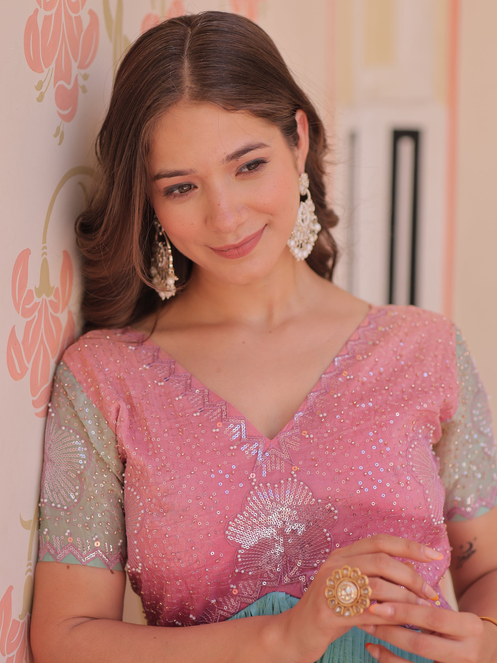 Astonishing Peach Pearl Work Organza Festival Wear Gown