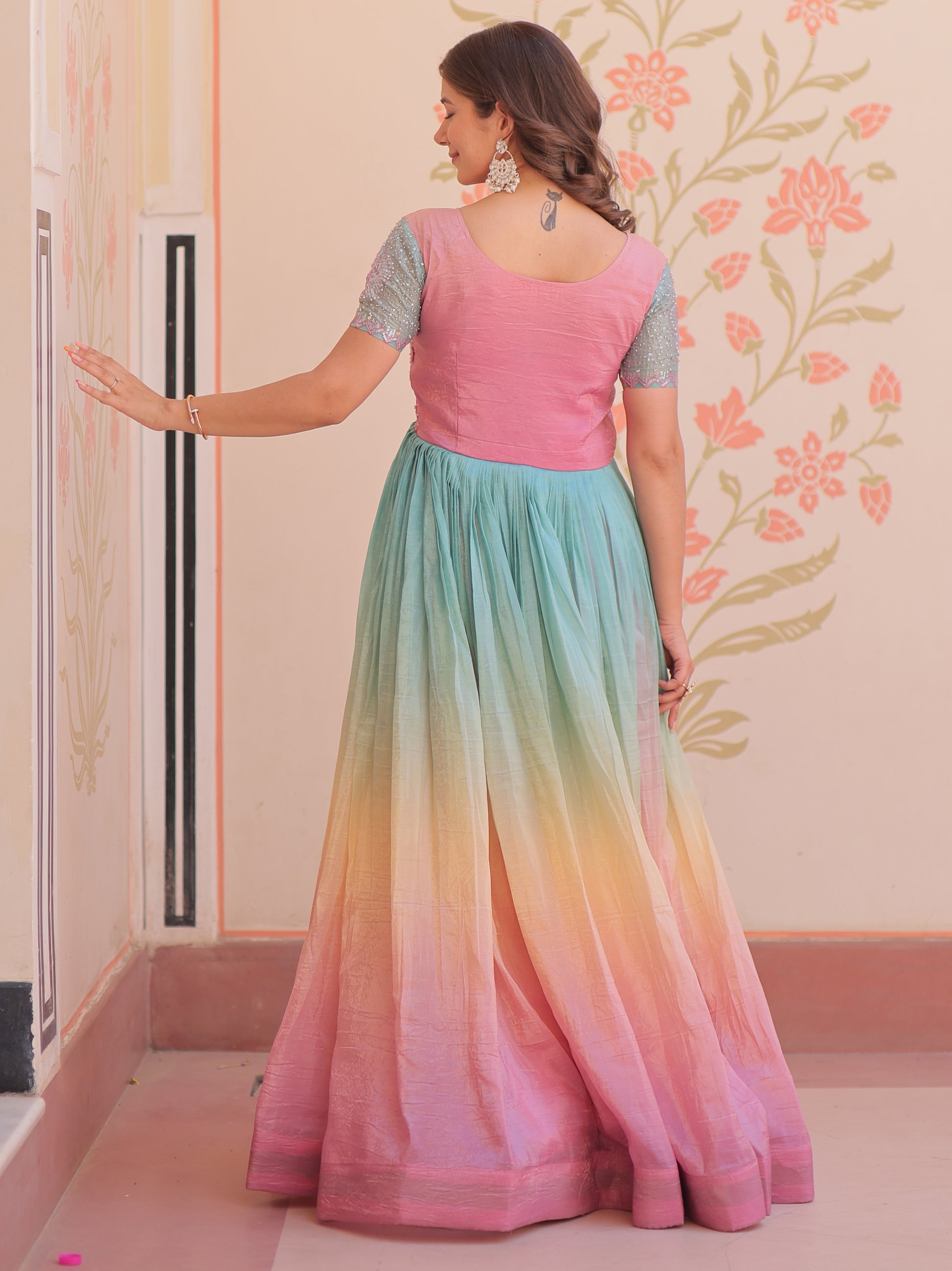 Astonishing Peach Pearl Work Organza Festival Wear Gown