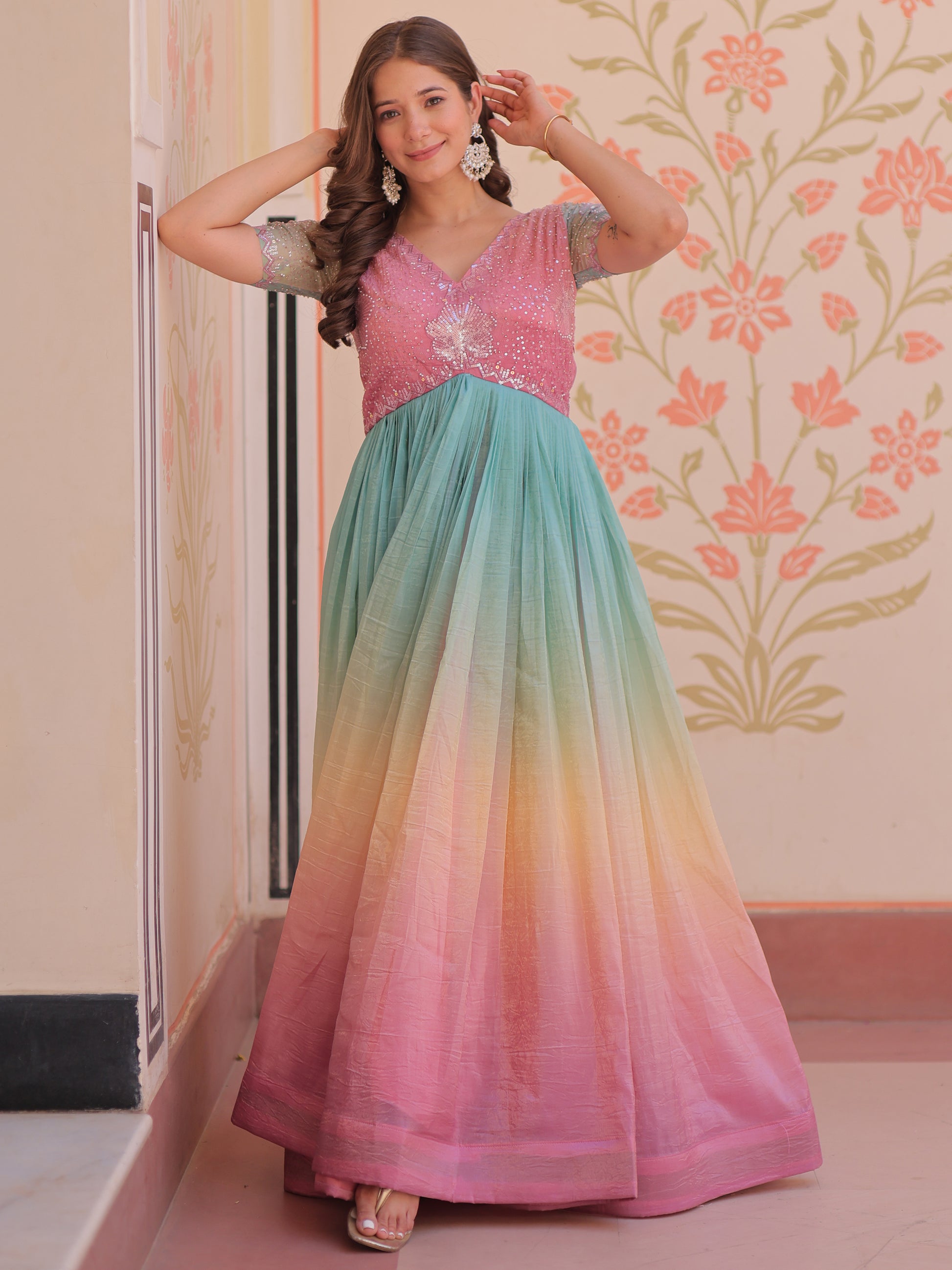 Astonishing Peach Pearl Work Organza Festival Wear Gown