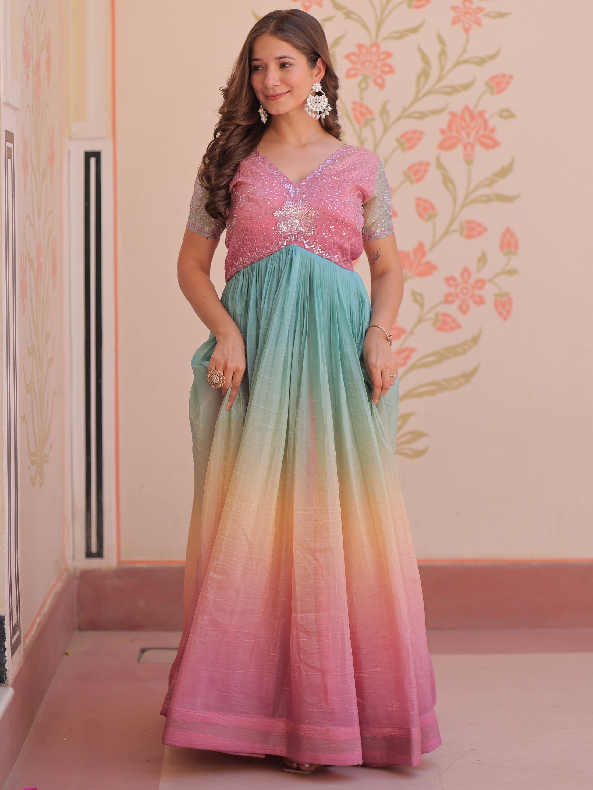 Astonishing Peach Pearl Work Organza Festival Wear Gown