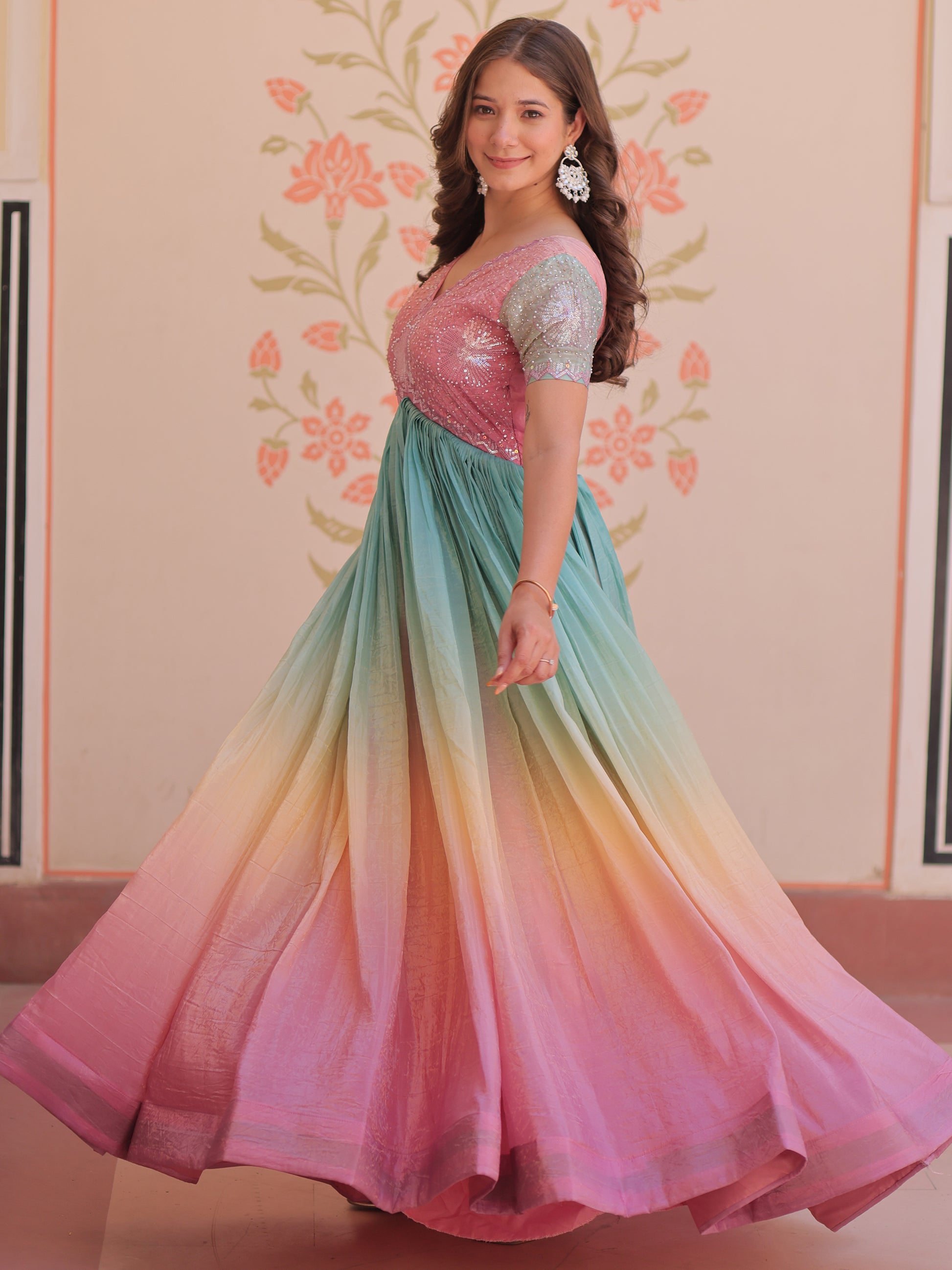 Astonishing Peach Pearl Work Organza Festival Wear Gown