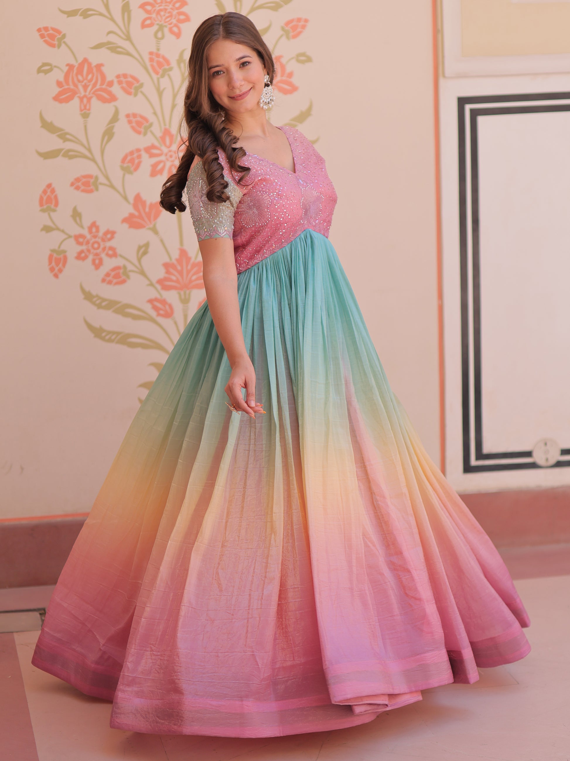 Astonishing Peach Pearl Work Organza Festival Wear Gown