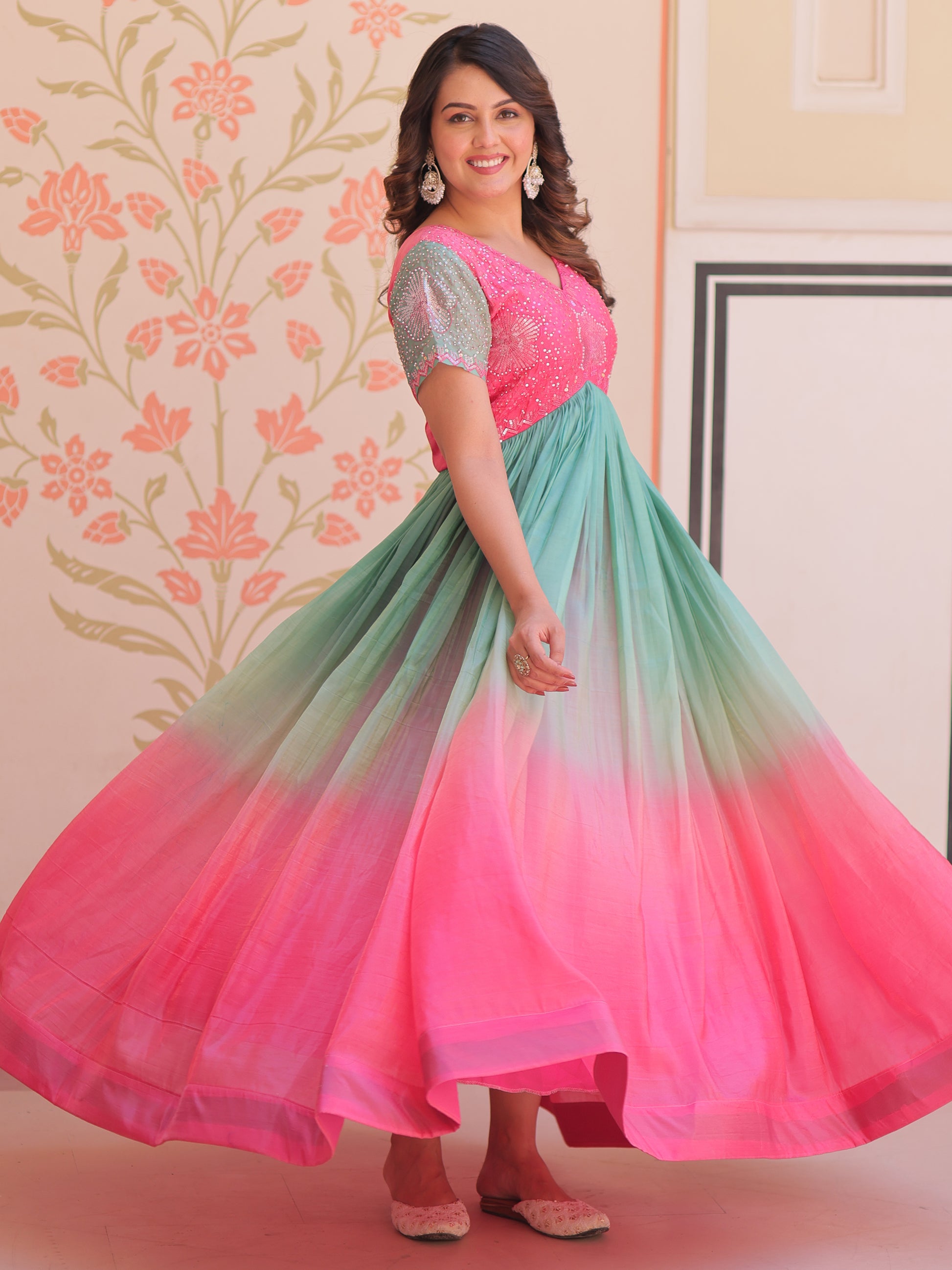Incredible Pink Pearl Work Organza Party Wear Gown