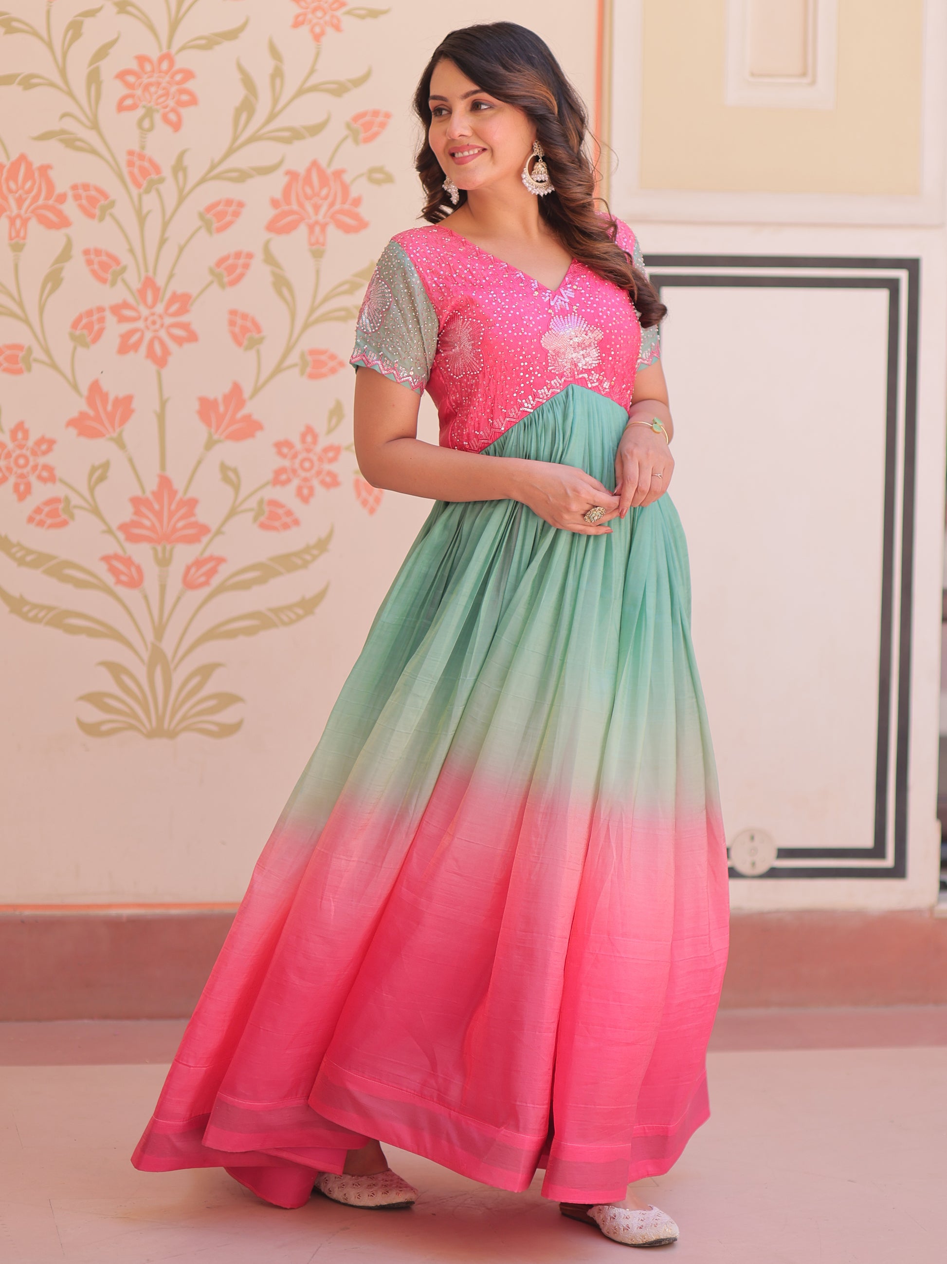 Incredible Pink Pearl Work Organza Party Wear Gown