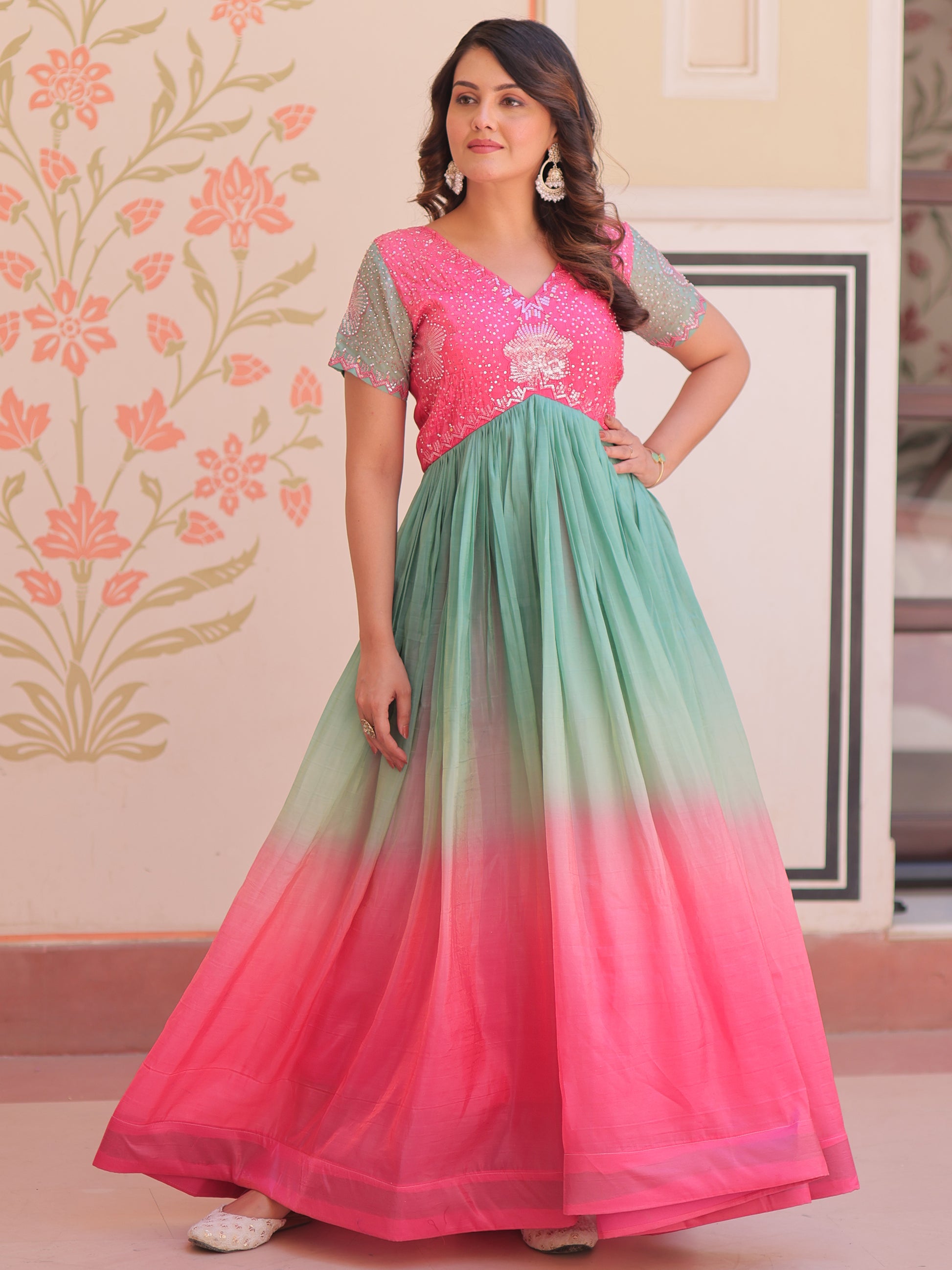 Incredible Pink Pearl Work Organza Party Wear Gown