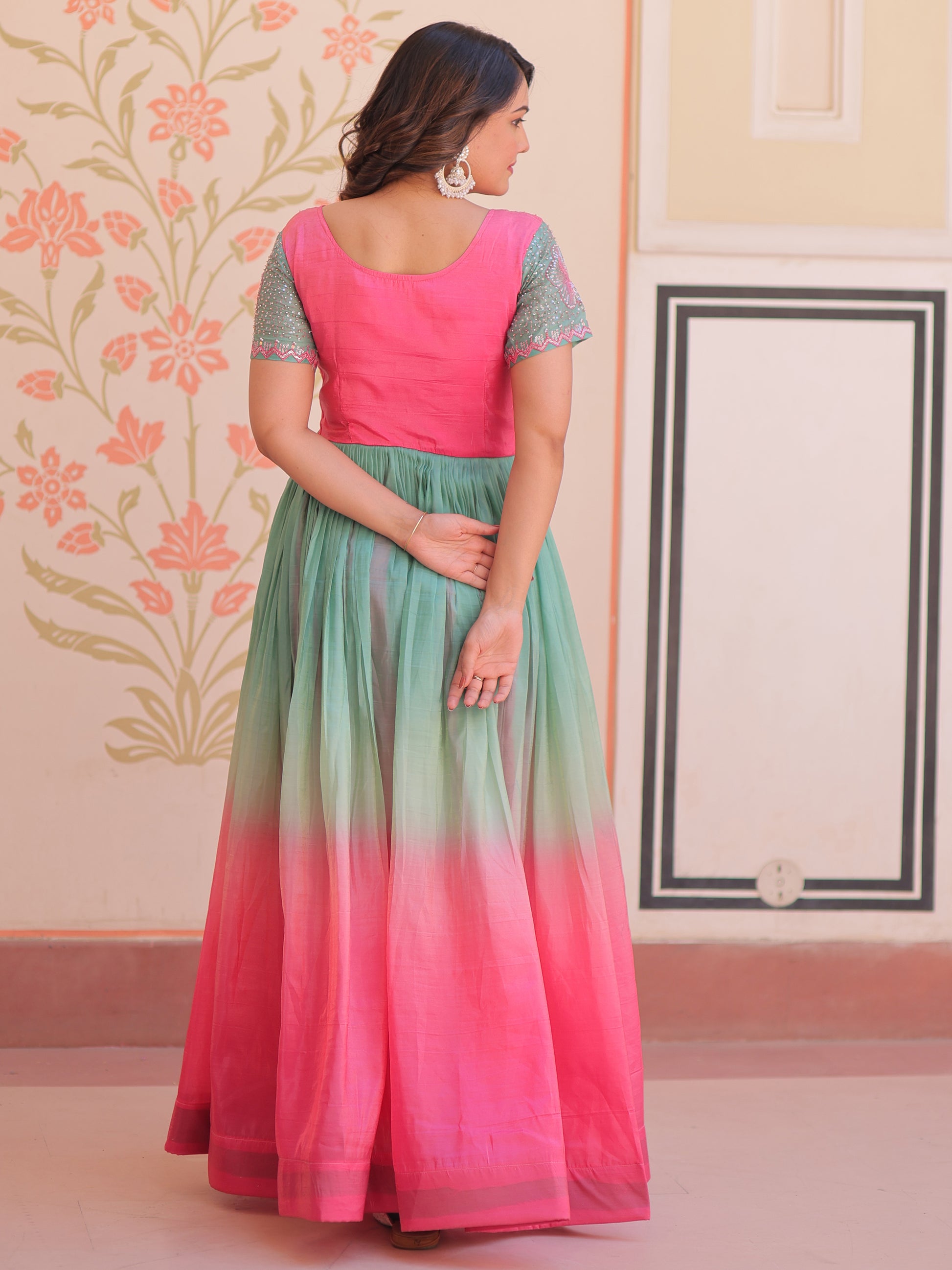 Incredible Pink Pearl Work Organza Party Wear Gown