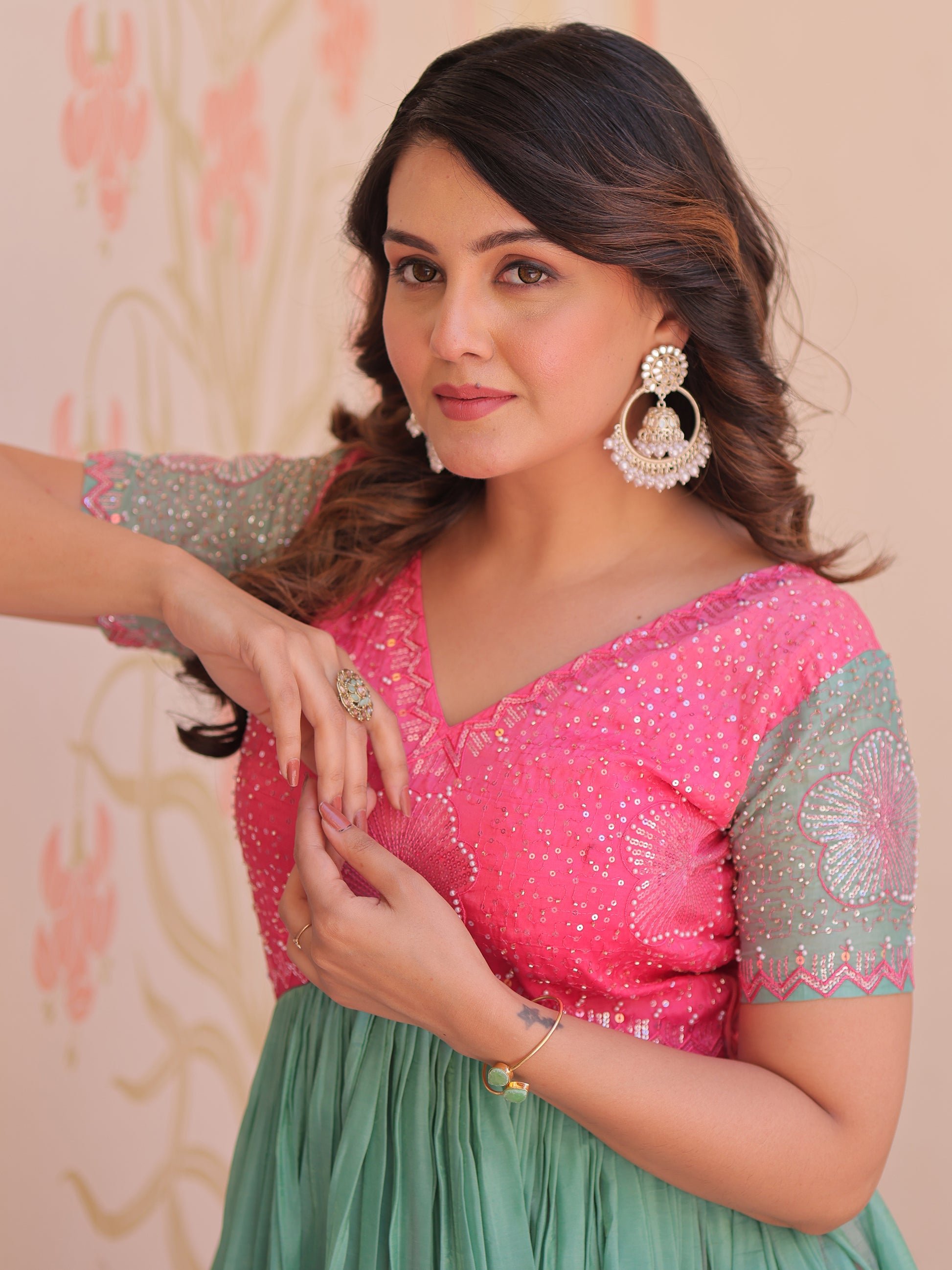 Incredible Pink Pearl Work Organza Party Wear Gown