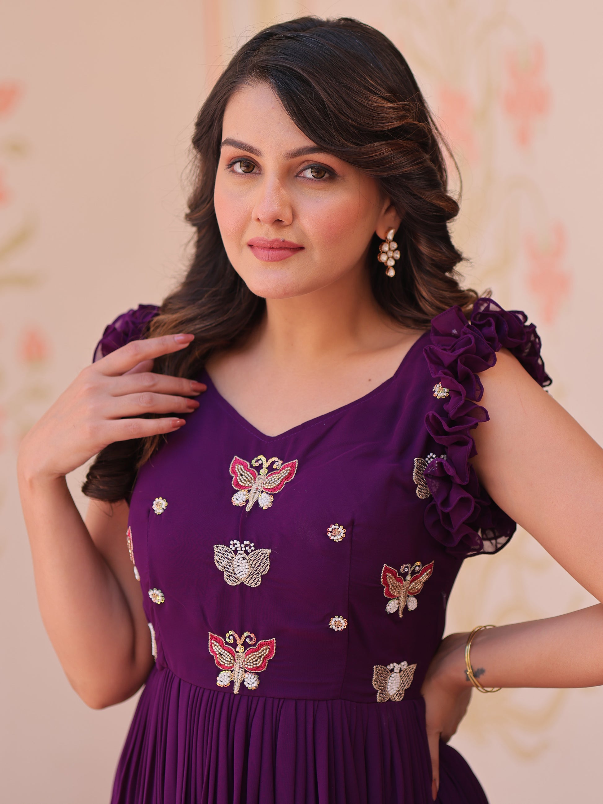 Attractive Purple Beads Work Organza Party Wear Gown