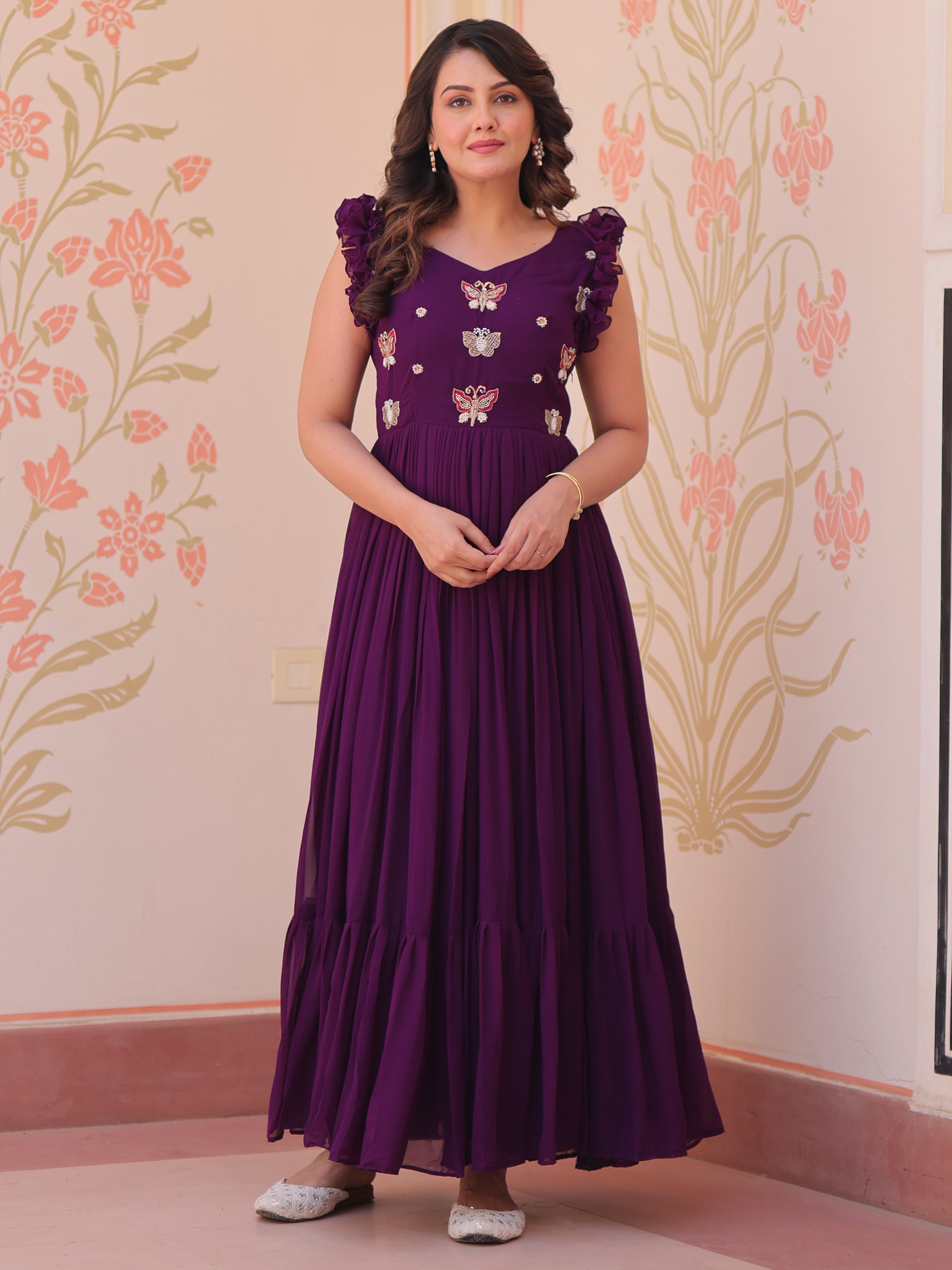 Attractive Purple Beads Work Organza Party Wear Gown